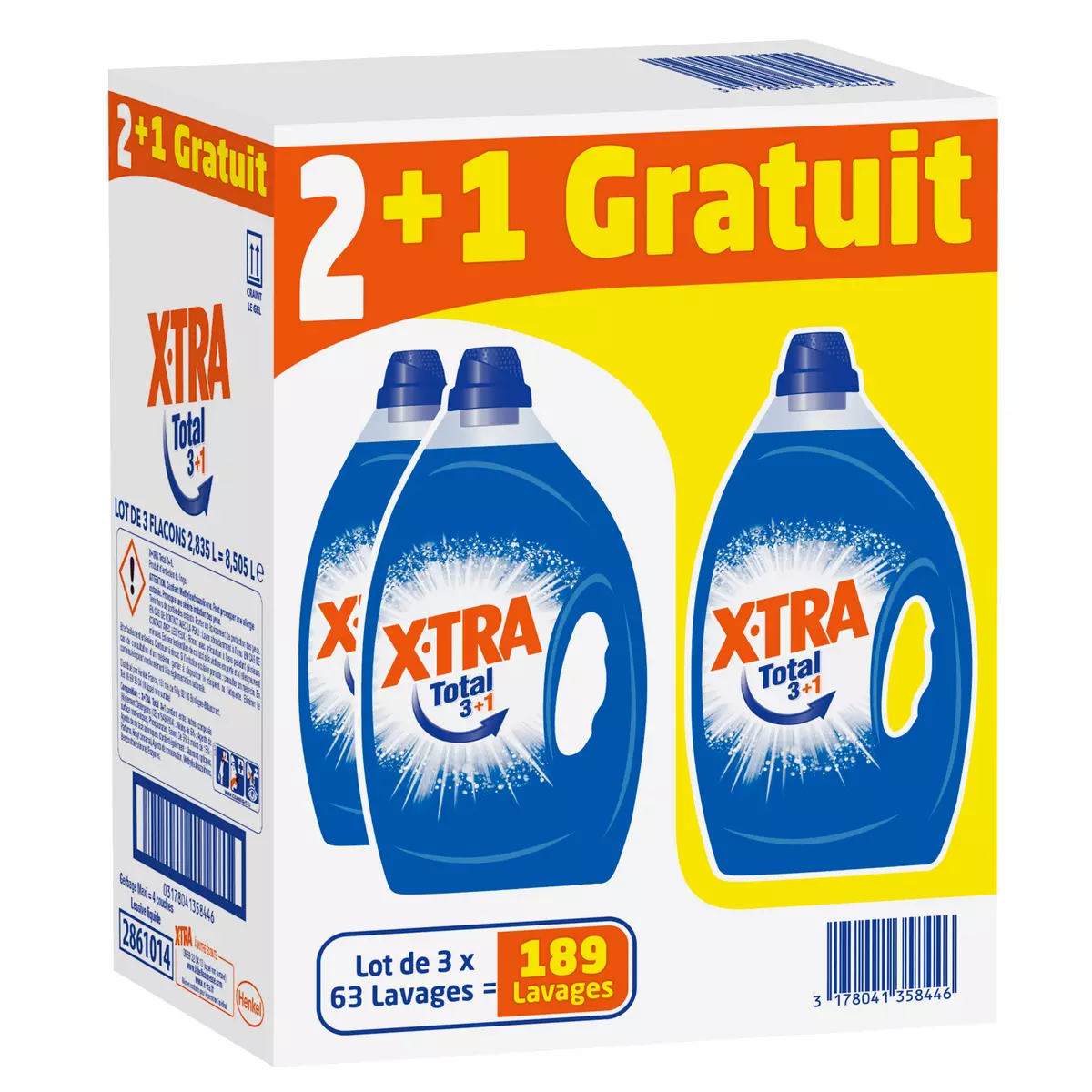X-TRA Lessive liquide total 3+1 189 lavages 3x2,835l