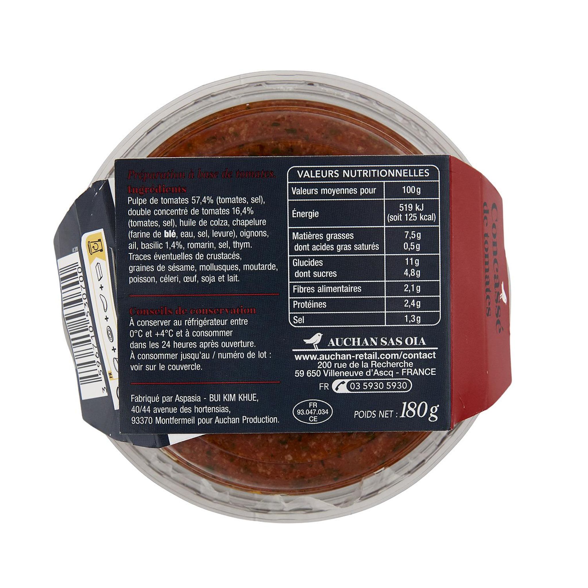 Voir la diapositive 2 : AUCHAN COLLECTION Concassé de tomates 180g