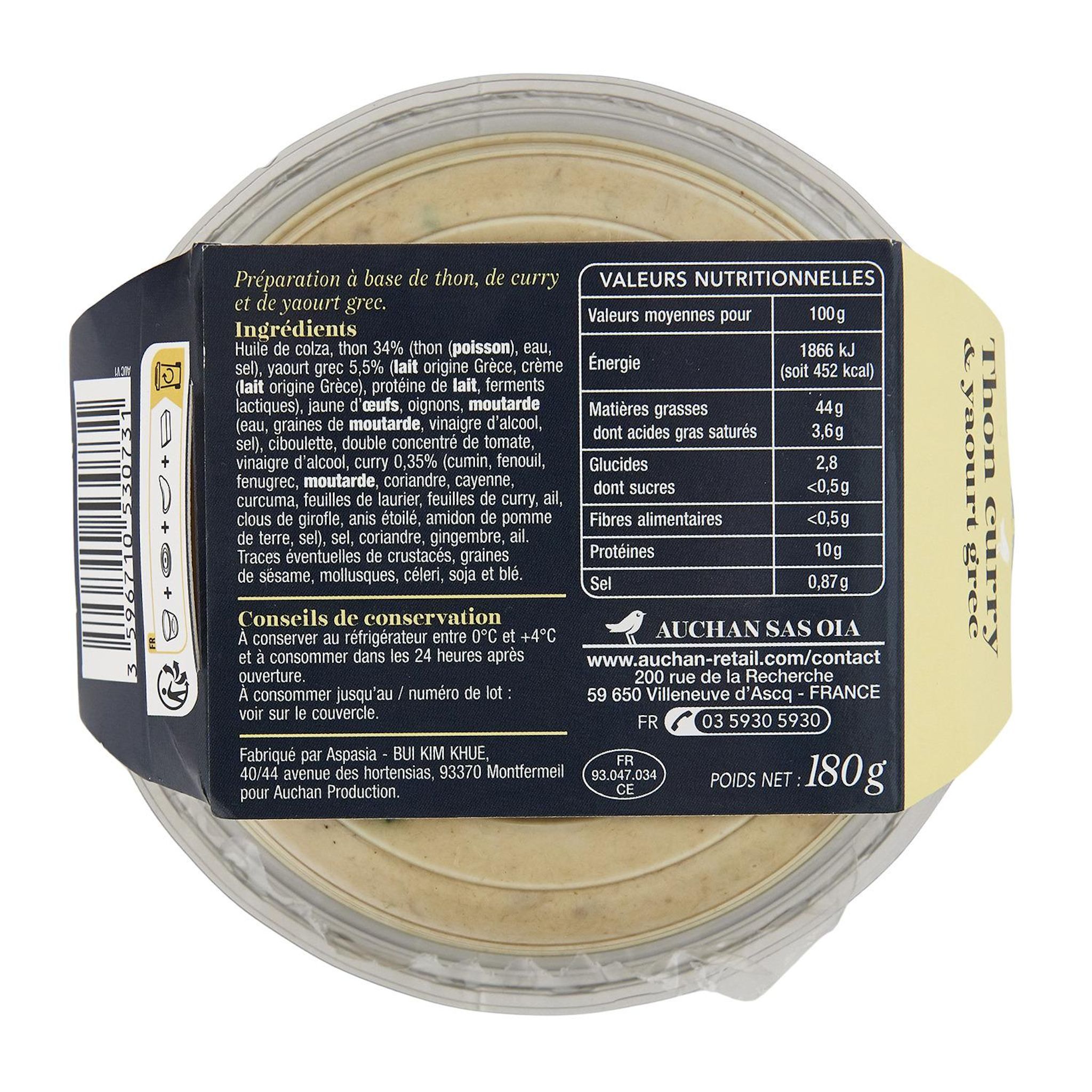 Voir la diapositive 2 : AUCHAN COLLECTION Tartinable thon curry et yaourt grec 180g
