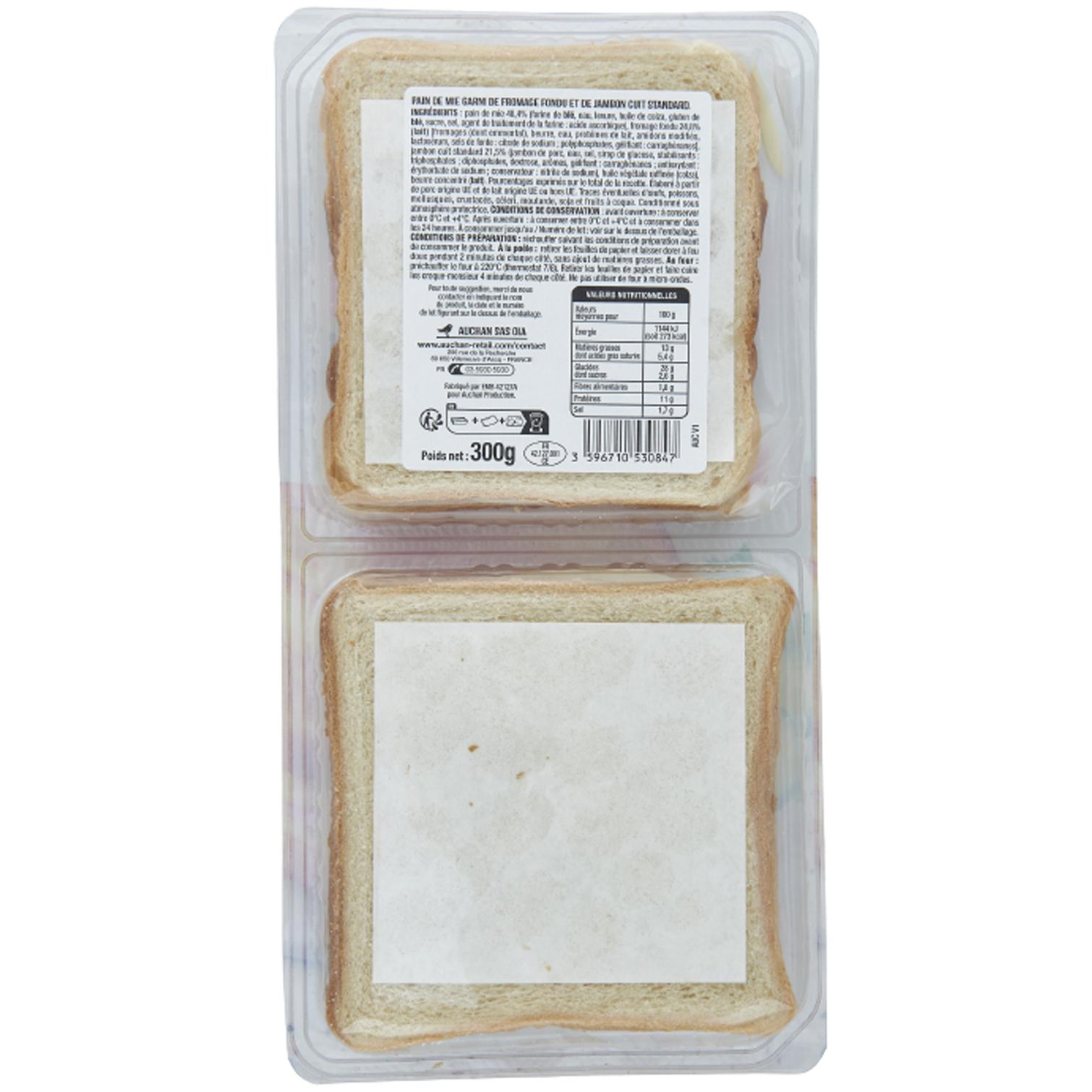 Voir la diapositive 2 : AUCHAN Croque à poêler maxi fromage fondu et jambon 2 pièces 300g