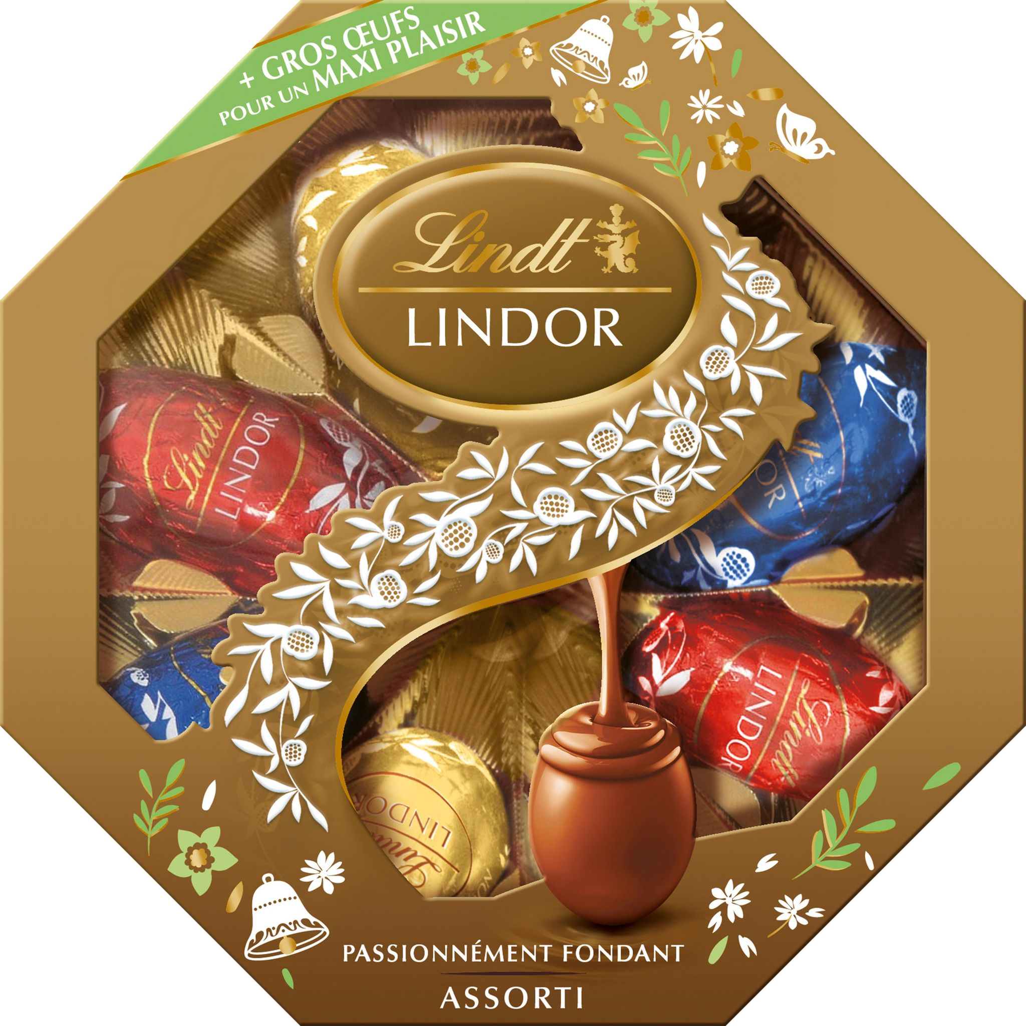 LINDT Boite cadeau avec un assortiment de chocolats au lait, noir et blanc 144g