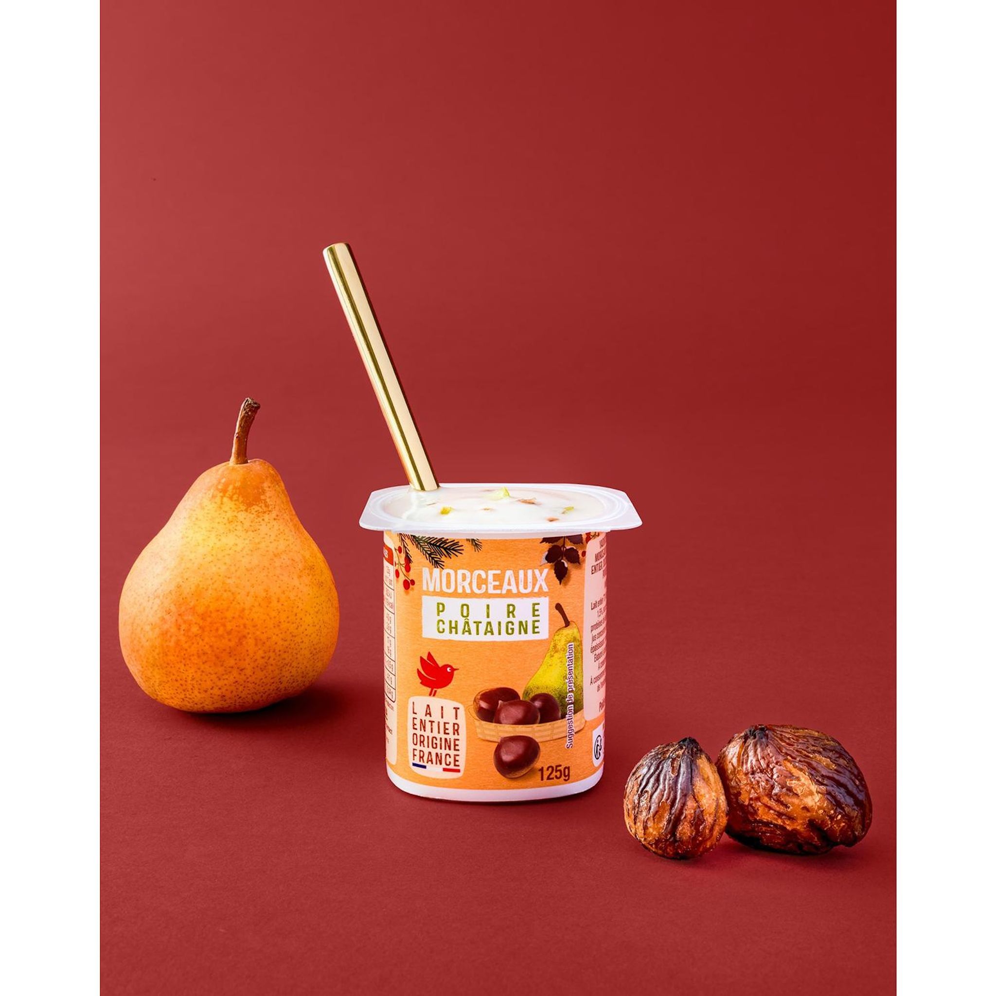 Voir la diapositive 3 : AUCHAN Yaourt aux fruits pomme litchi figues vanille poire châtaigne et coco citron avec morceaux 8x125g
