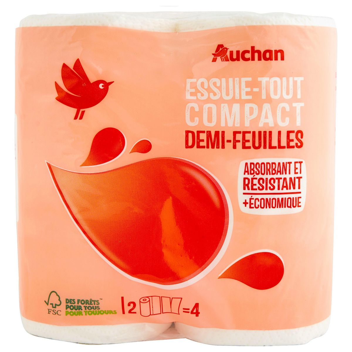 AUCHAN Essuie-tout demi-feuilles compact = 4 standards 2 rouleaux 