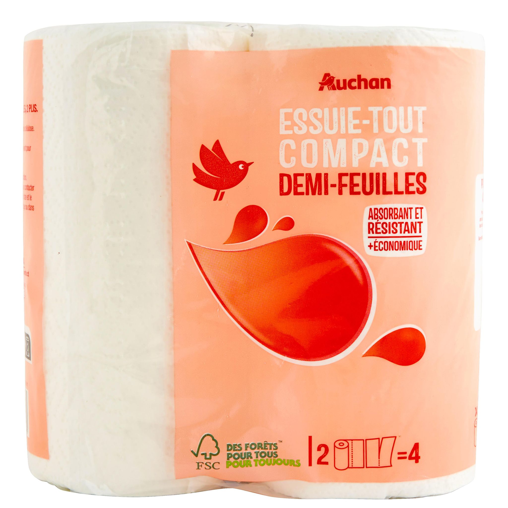Voir la diapositive 3 : AUCHAN Essuie-tout demi-feuilles compact = 4 standards 2 rouleaux 