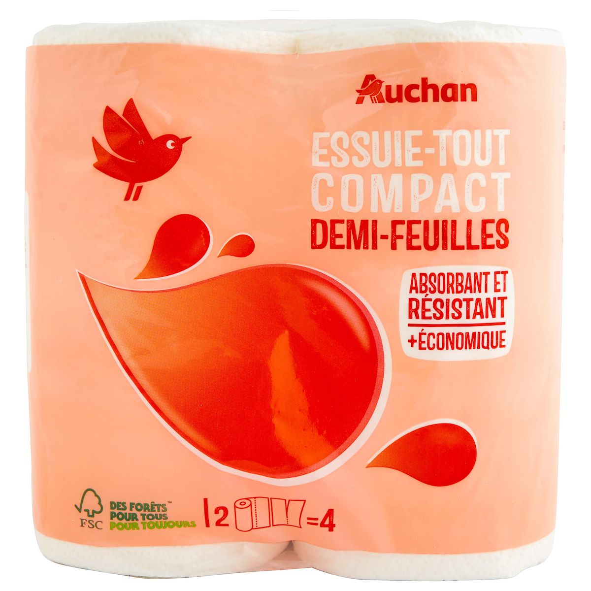AUCHAN Essuie-tout demi-feuilles compact = 4 standards 2 rouleaux 