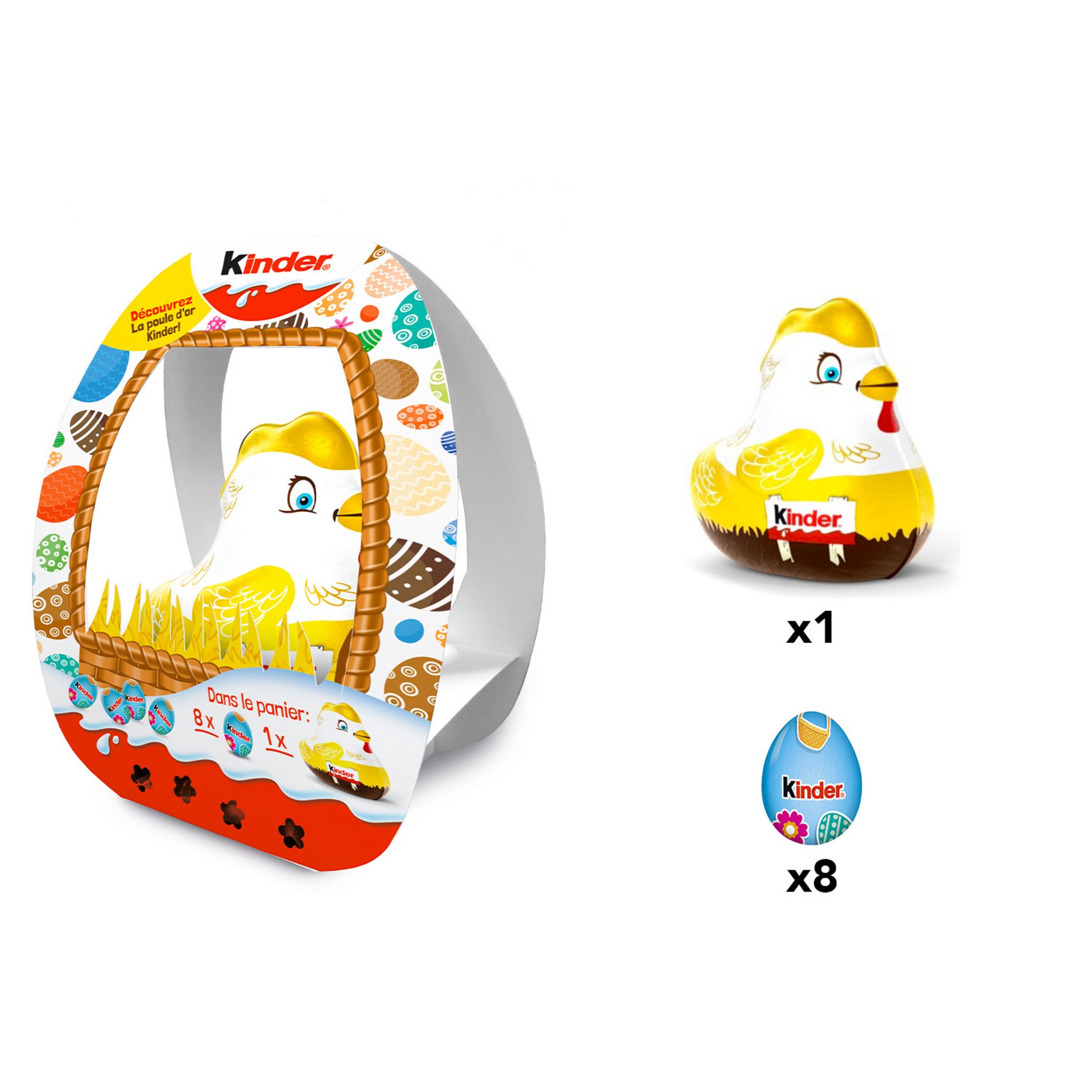Voir la diapositive 2 : KINDER Mix chocolat au lait moulage poule et oeufs 1 poule et 8 oeufs 175g