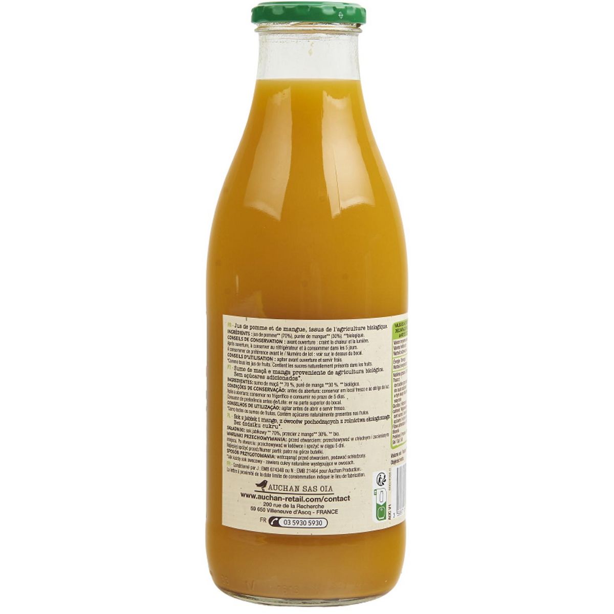 AUCHAN BIO Pur jus pomme et mangue sans sucres ajoutés bio 1l