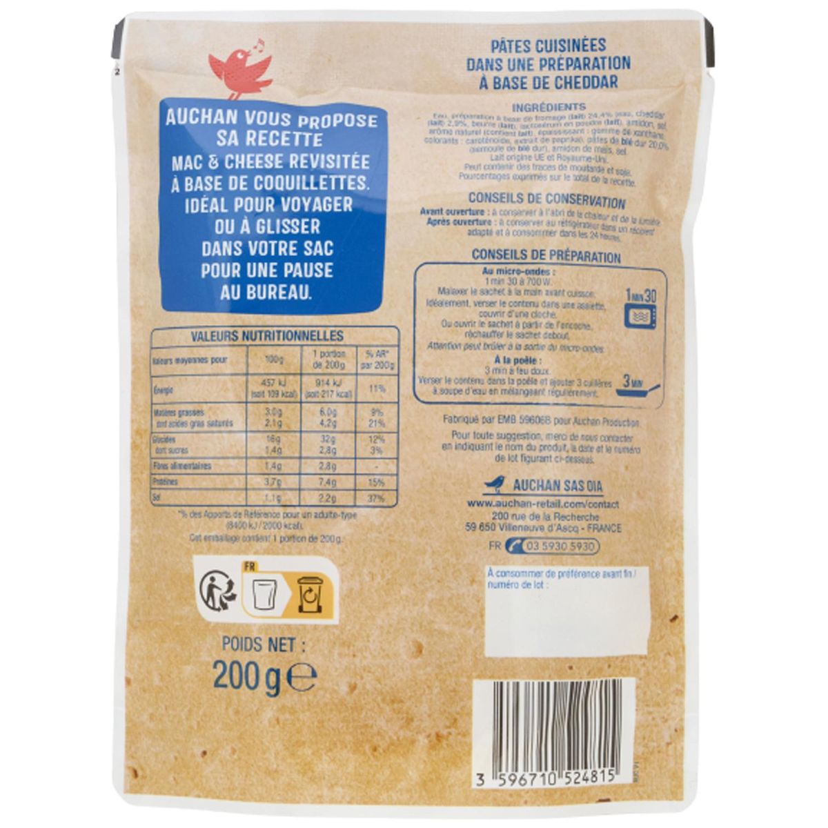 AUCHAN Coquillettes façon mac and cheese sachet express 1 portion 200g
