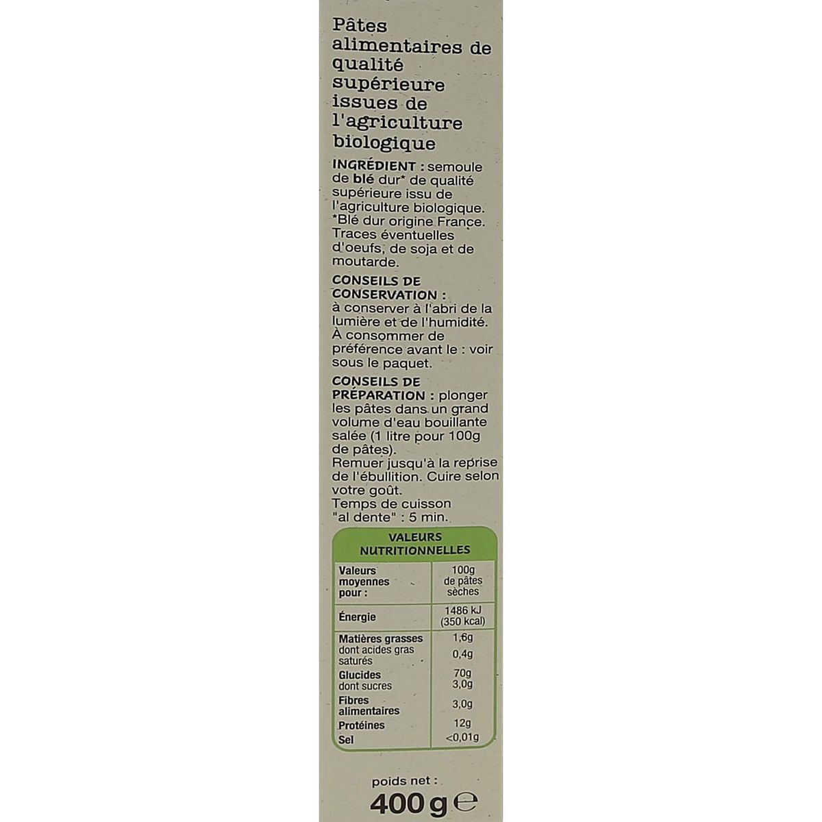 AUCHAN BIO CULTIVONS LE BON Pâtes coquillettes 400g