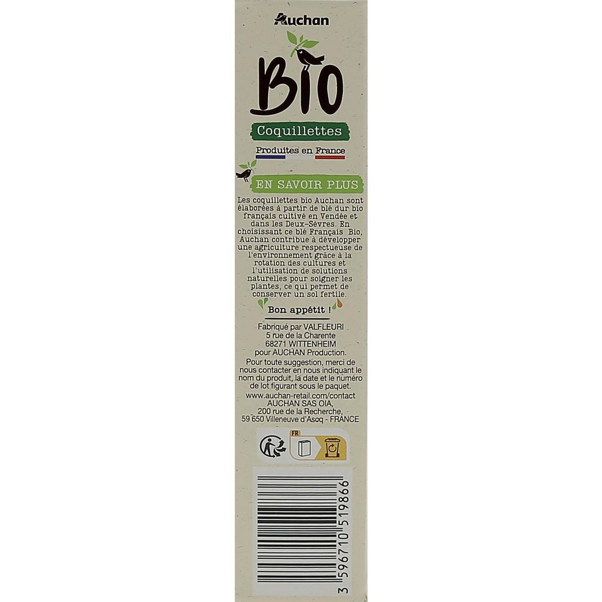 AUCHAN BIO CULTIVONS LE BON Pâtes coquillettes 400g