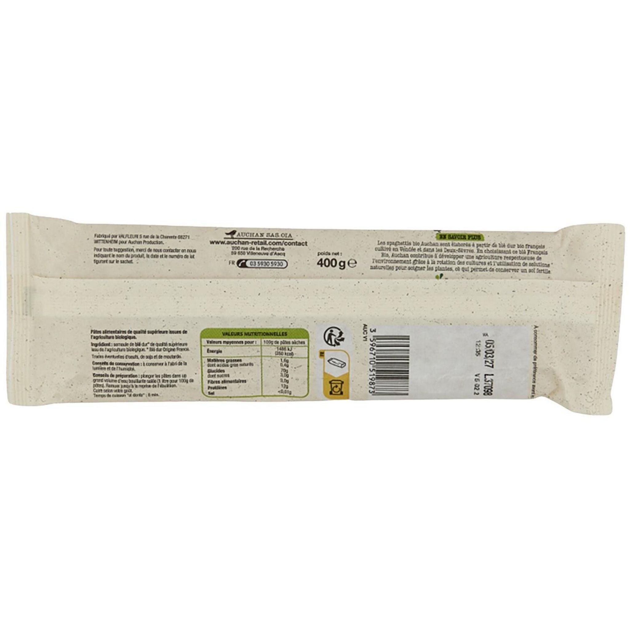 Voir la diapositive 3 : AUCHAN BIO CULTIVONS LE BON Spaghetti cuisson rapide 8 min 400g