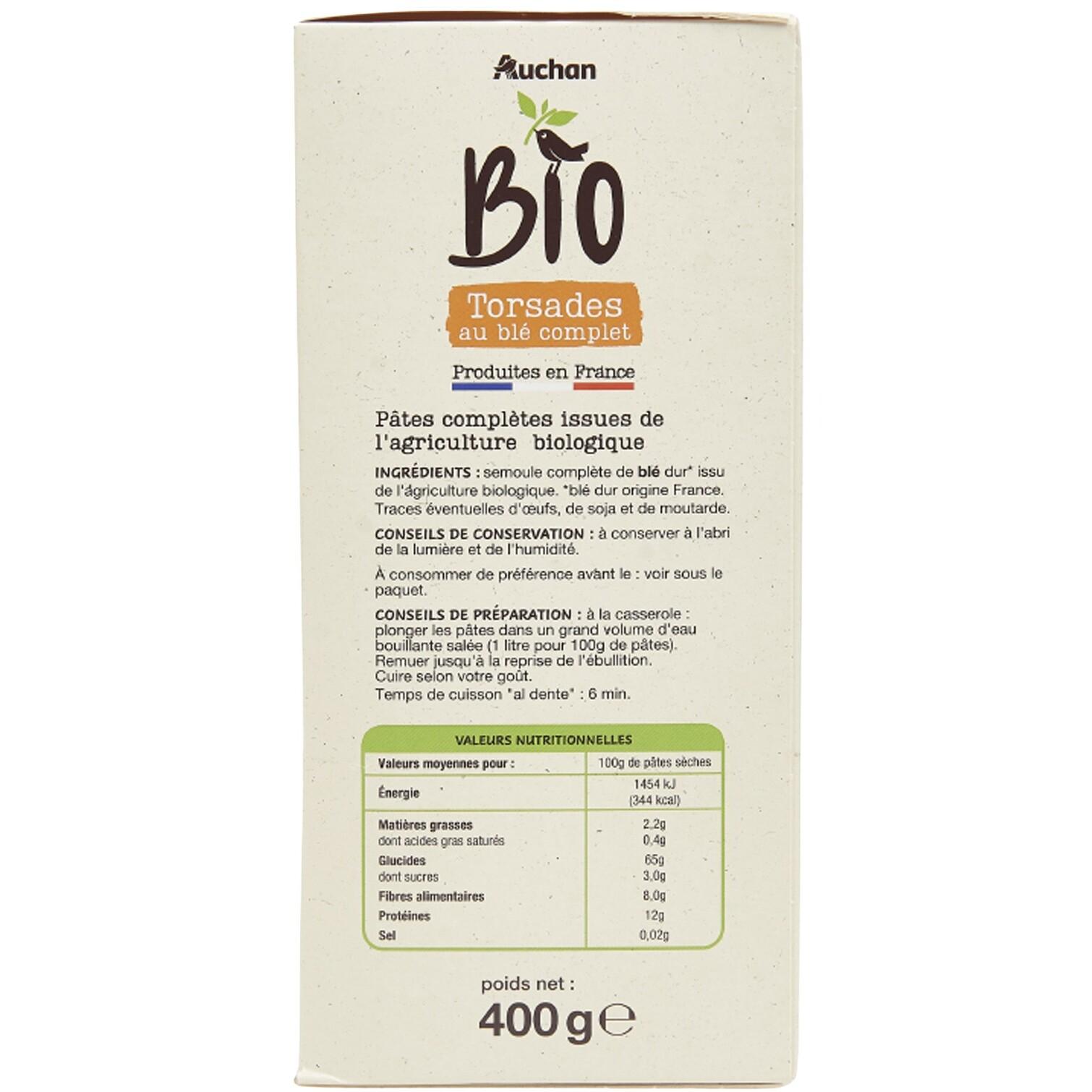 Voir la diapositive 3 : AUCHAN BIO CULTIVONS LE BON Torsades au blé complet cuisson rapide 6min 400g