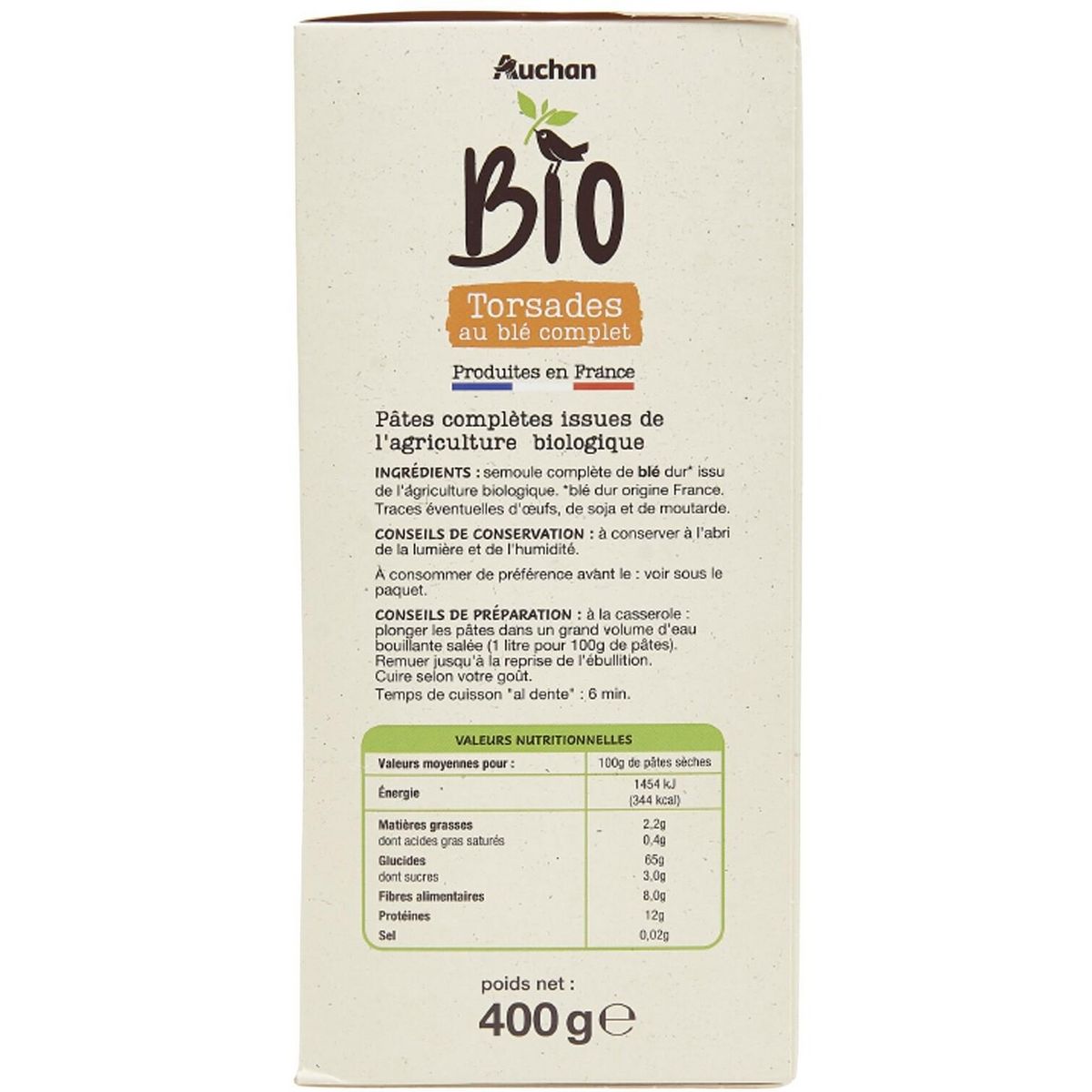 AUCHAN BIO CULTIVONS LE BON Torsades au blé complet cuisson rapide 6min 400g