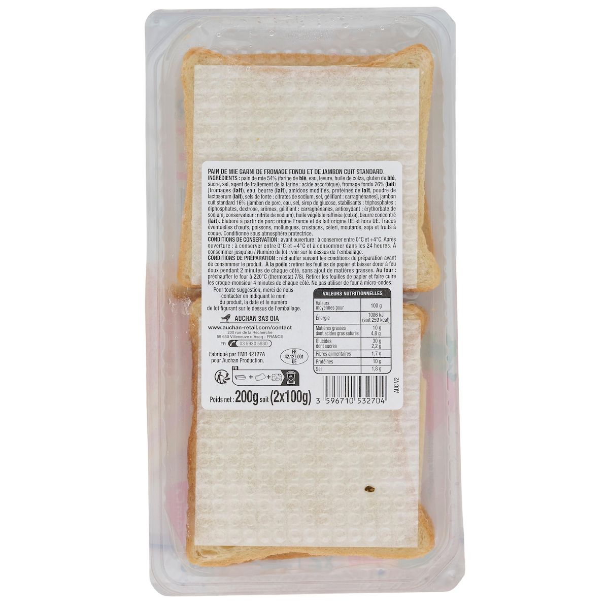 AUCHAN Croque à poêler classique au fromage fondu et jambon 2 pièces 200g