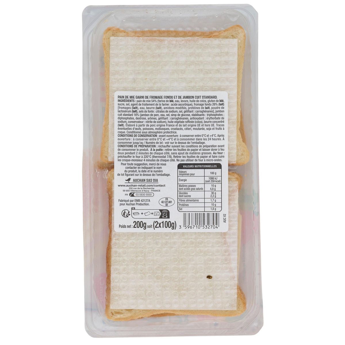 AUCHAN Croque à poêler classique au fromage fondu et jambon 2 pièces 200g