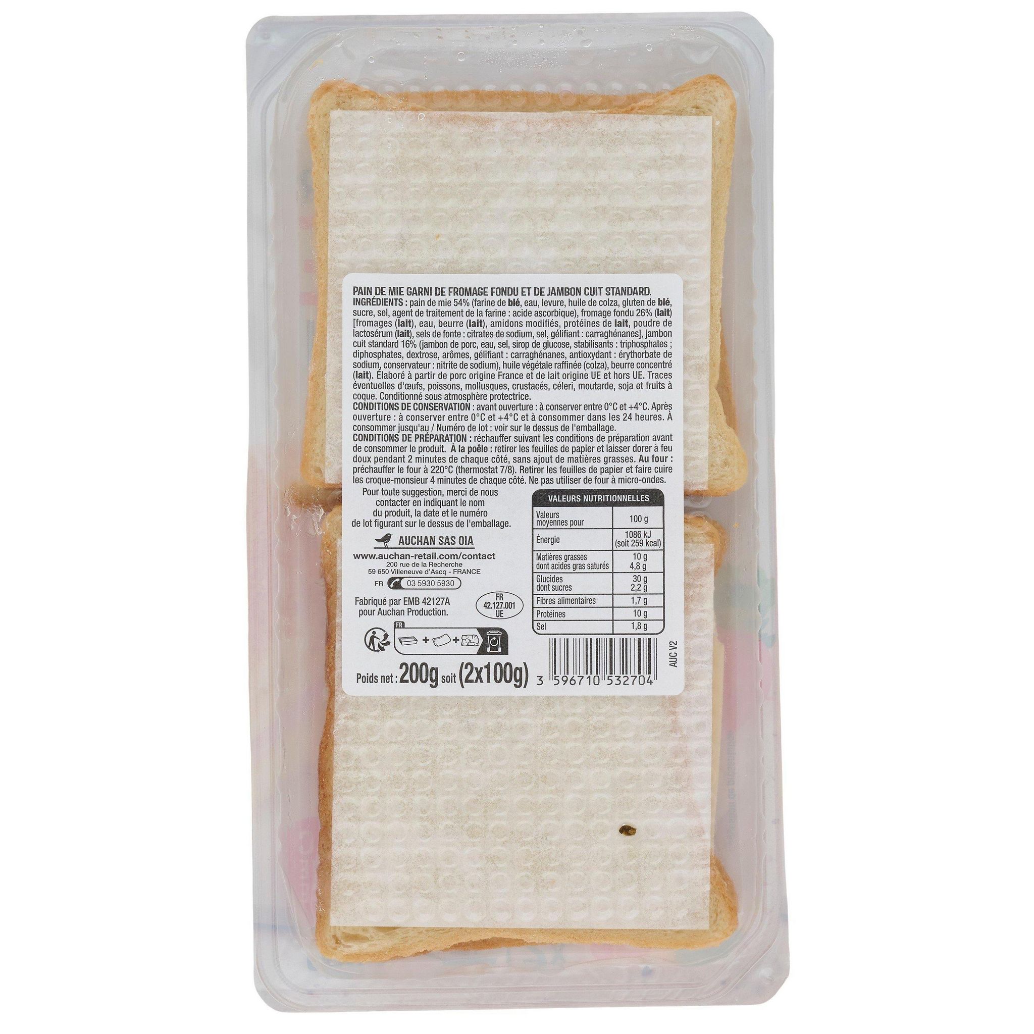 Voir la diapositive 3 : AUCHAN Croque à poêler classique au fromage fondu et jambon 2 pièces 200g