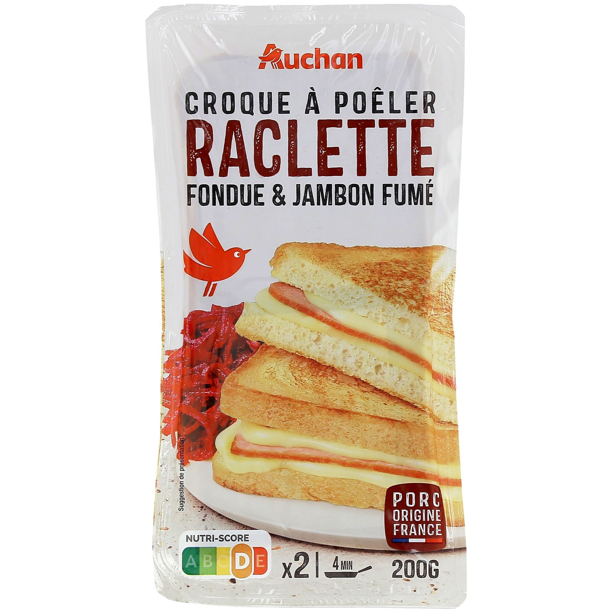 AUCHAN Croque à poêler raclette fondue et jambon fumé 2 pièces 200g