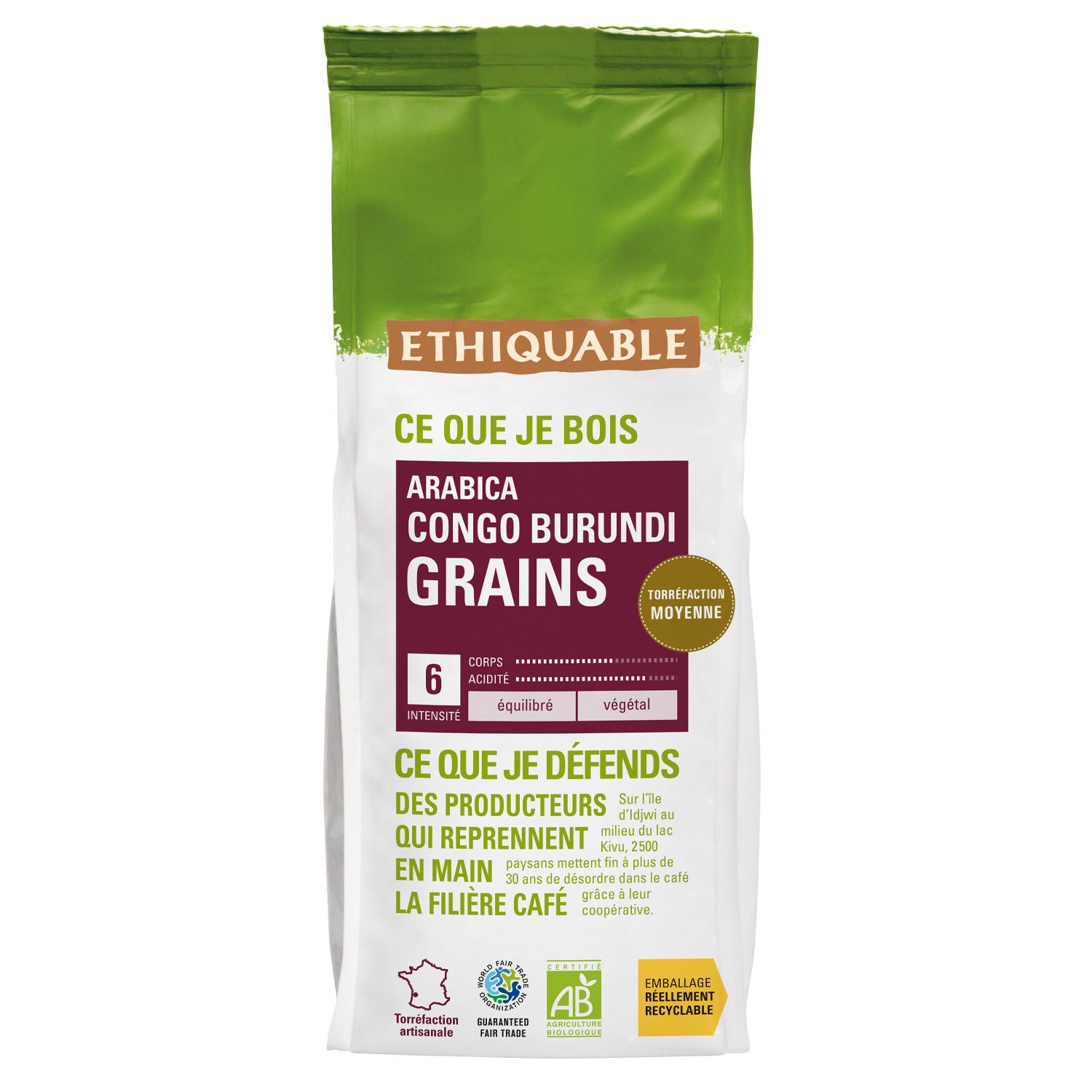 ETHIQUABLE Café bio en grains arabica Congo intensité 6 500g
