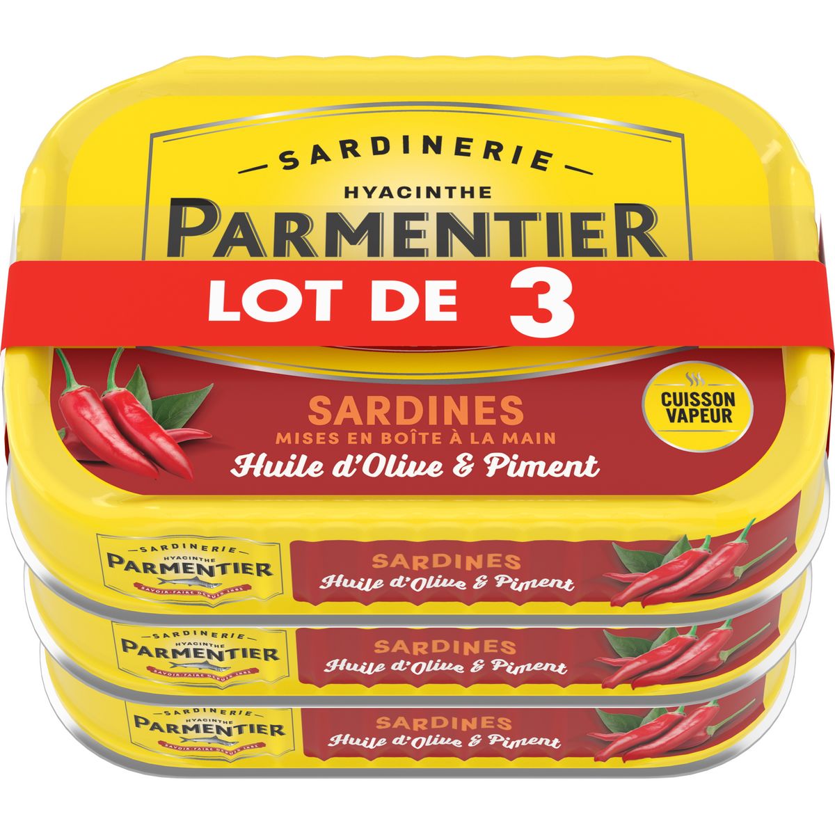 PARMENTIER Sardines huile d'olive et piment cuisson vapeur 3 conserves 3x135g