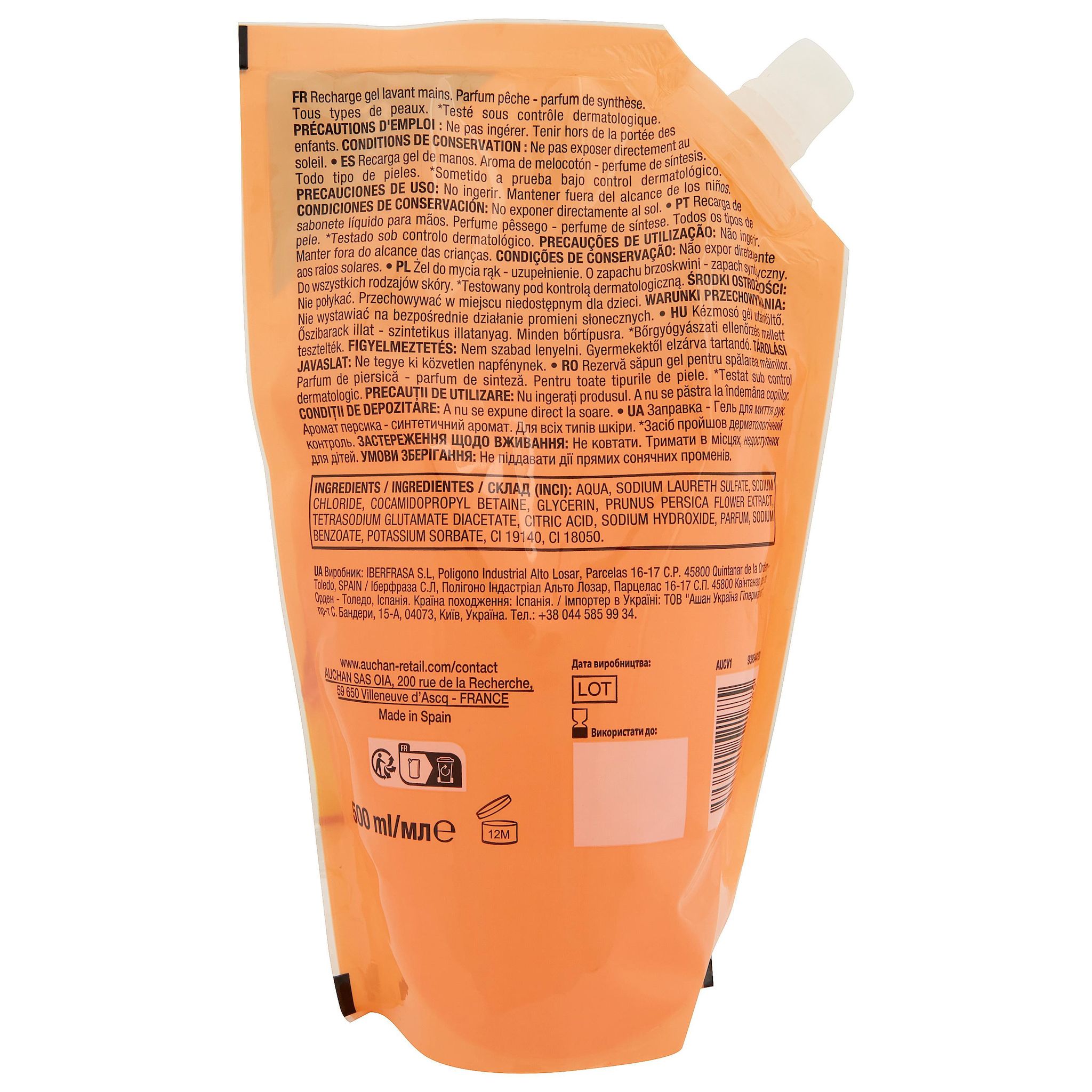 Voir la diapositive 2 : COSMIA Recharge gel lavant mains pêches 500ml