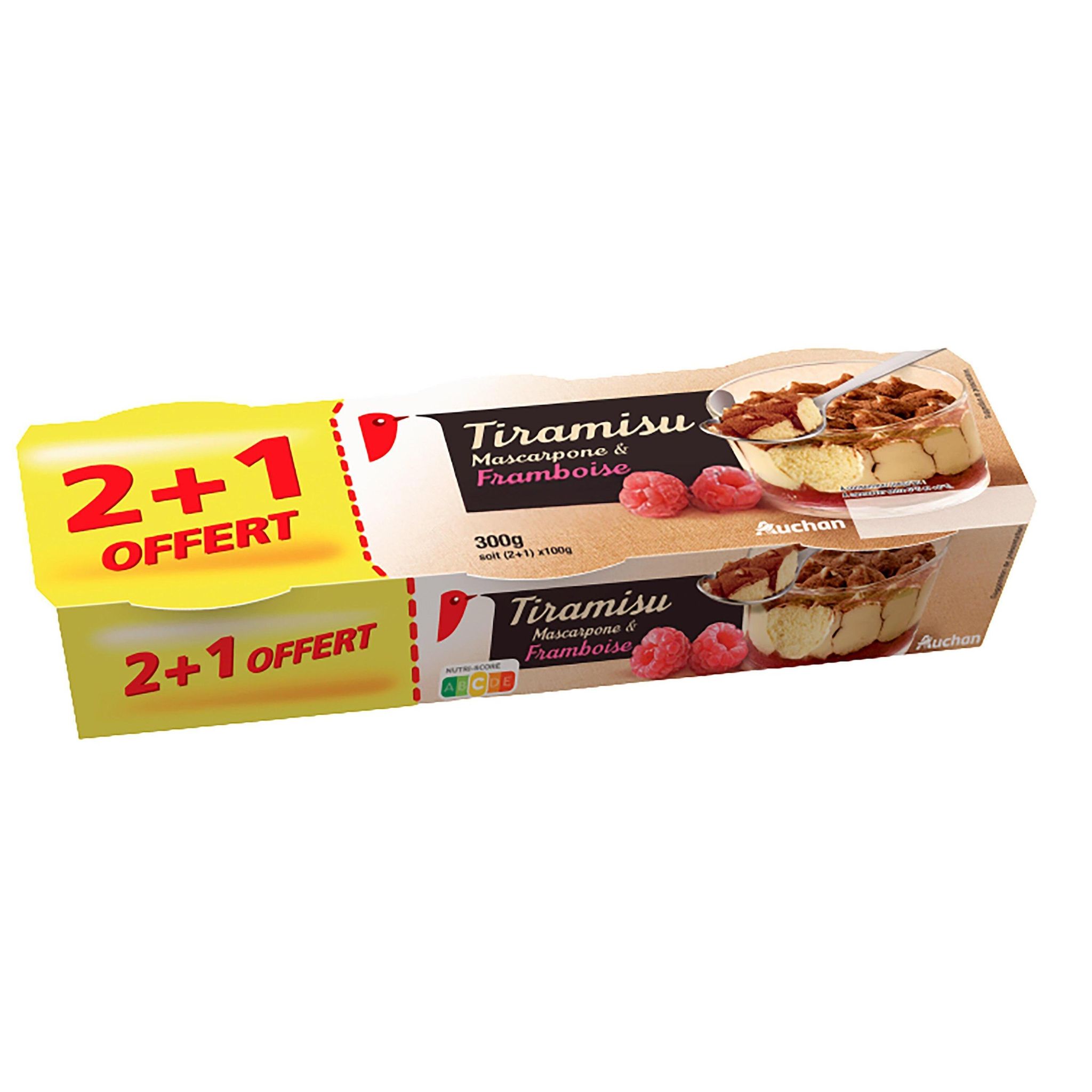 Voir la diapositive 2 : AUCHAN Tiramisu mascarpone et framboise 2+1 offert 3x100g