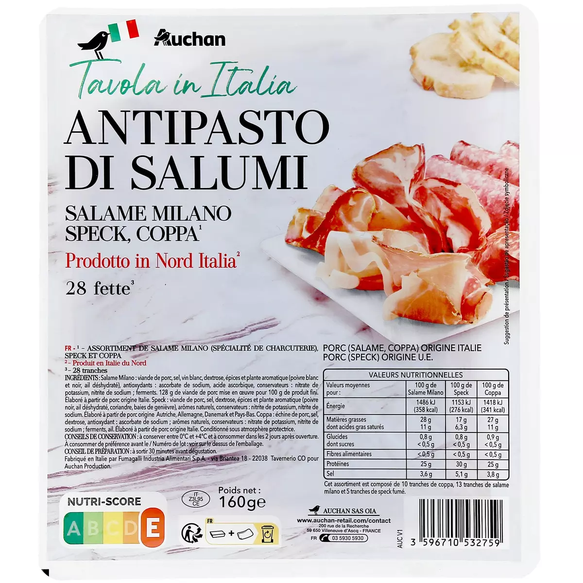 AUCHAN TAVOLA IN ITALIA Assortiment de charcuterie salame milano speck et coppa 28 tranches 160g