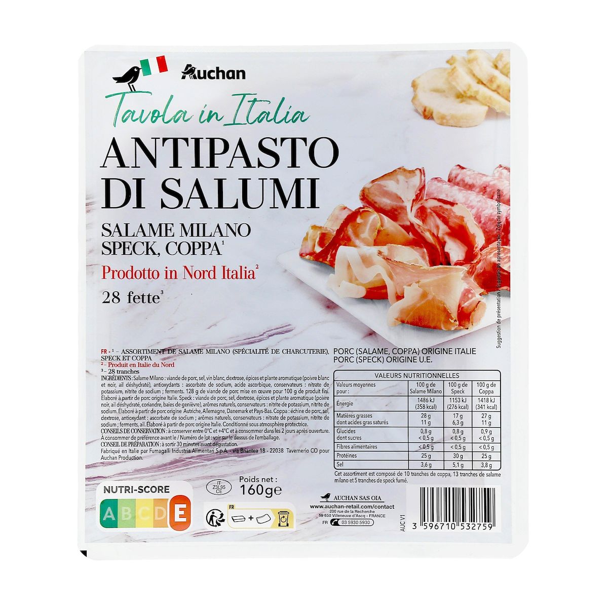 AUCHAN TAVOLA IN ITALIA Assortiment de charcuterie salame milano speck et coppa 28 tranches 160g