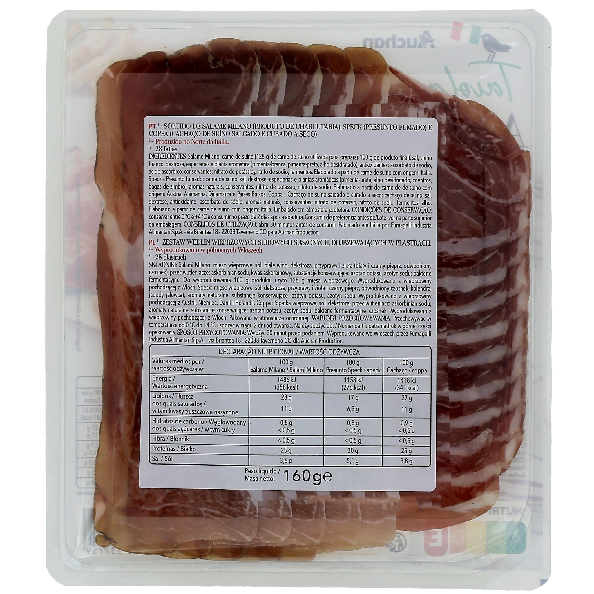 Voir la diapositive 2 : AUCHAN TAVOLA IN ITALIA Assortiment de charcuterie salame milano speck et coppa 28 tranches 160g