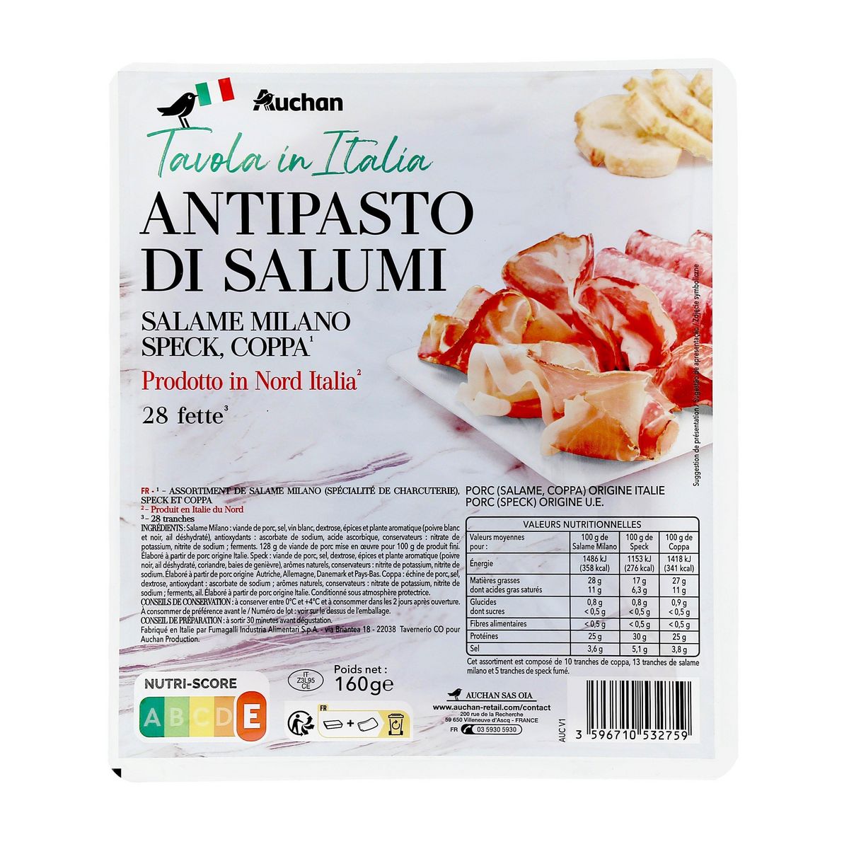 AUCHAN TAVOLA IN ITALIA Assortiment de charcuterie salame milano speck et coppa 28 tranches 160g