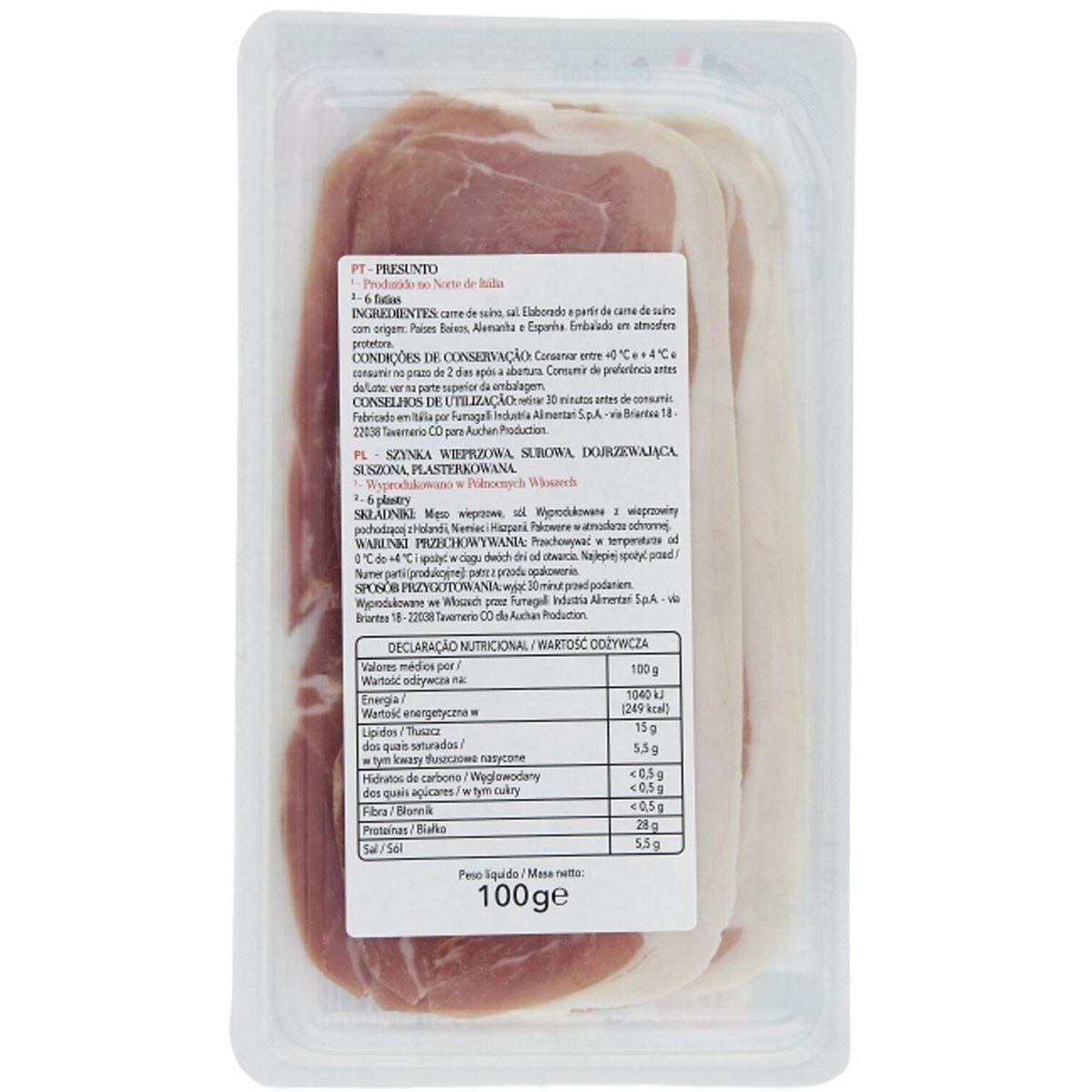 AUCHAN TAVOLA IN ITALIA Jambon cru 6 tranches 100g