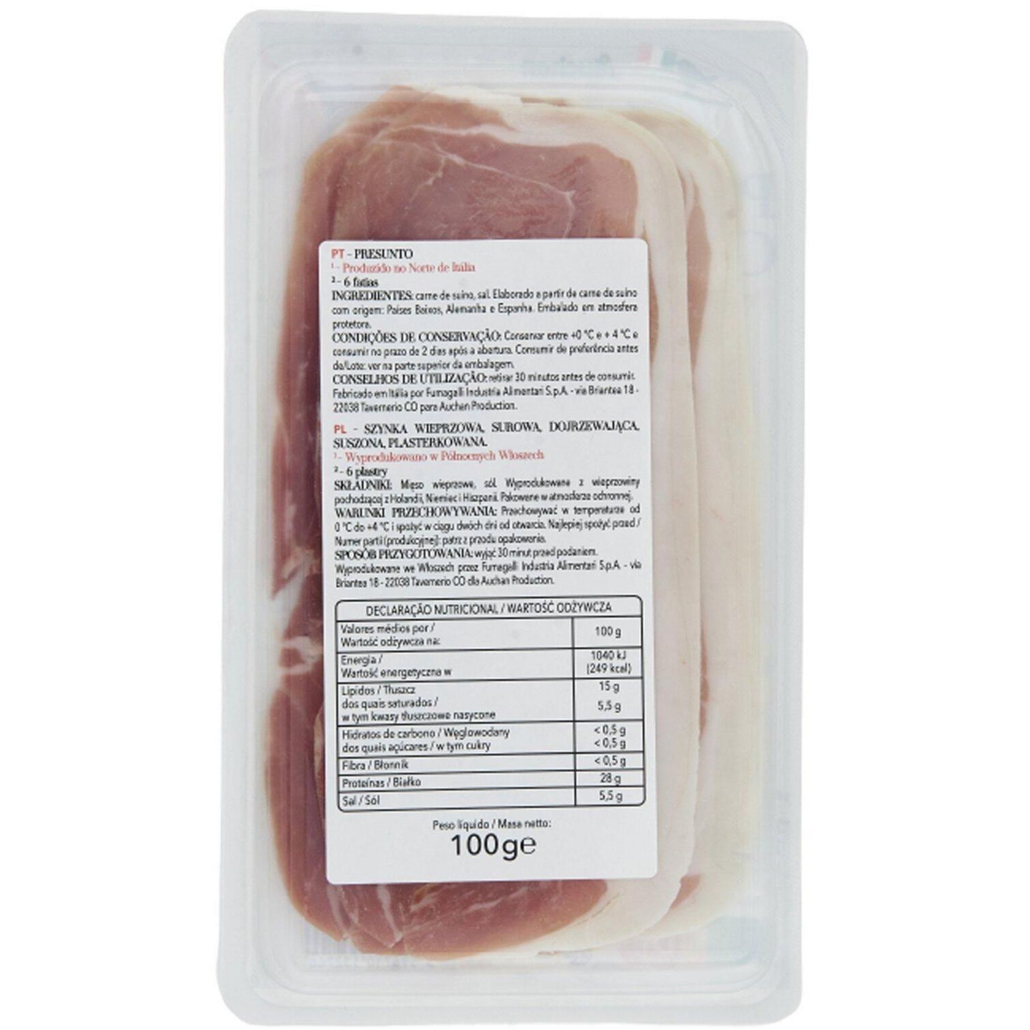 Voir la diapositive 2 : AUCHAN TAVOLA IN ITALIA Jambon cru 6 tranches 100g