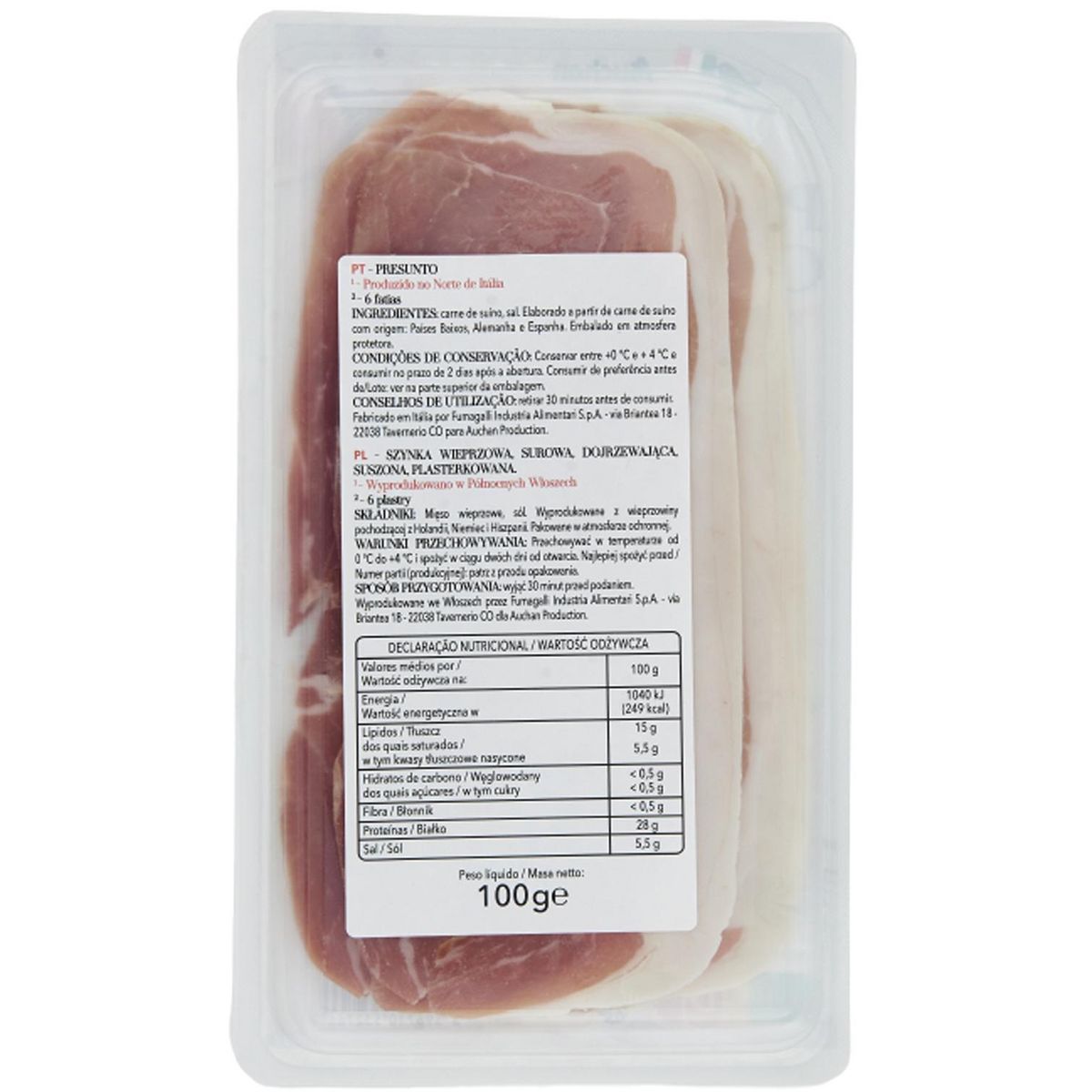 AUCHAN TAVOLA IN ITALIA Jambon cru 6 tranches 100g