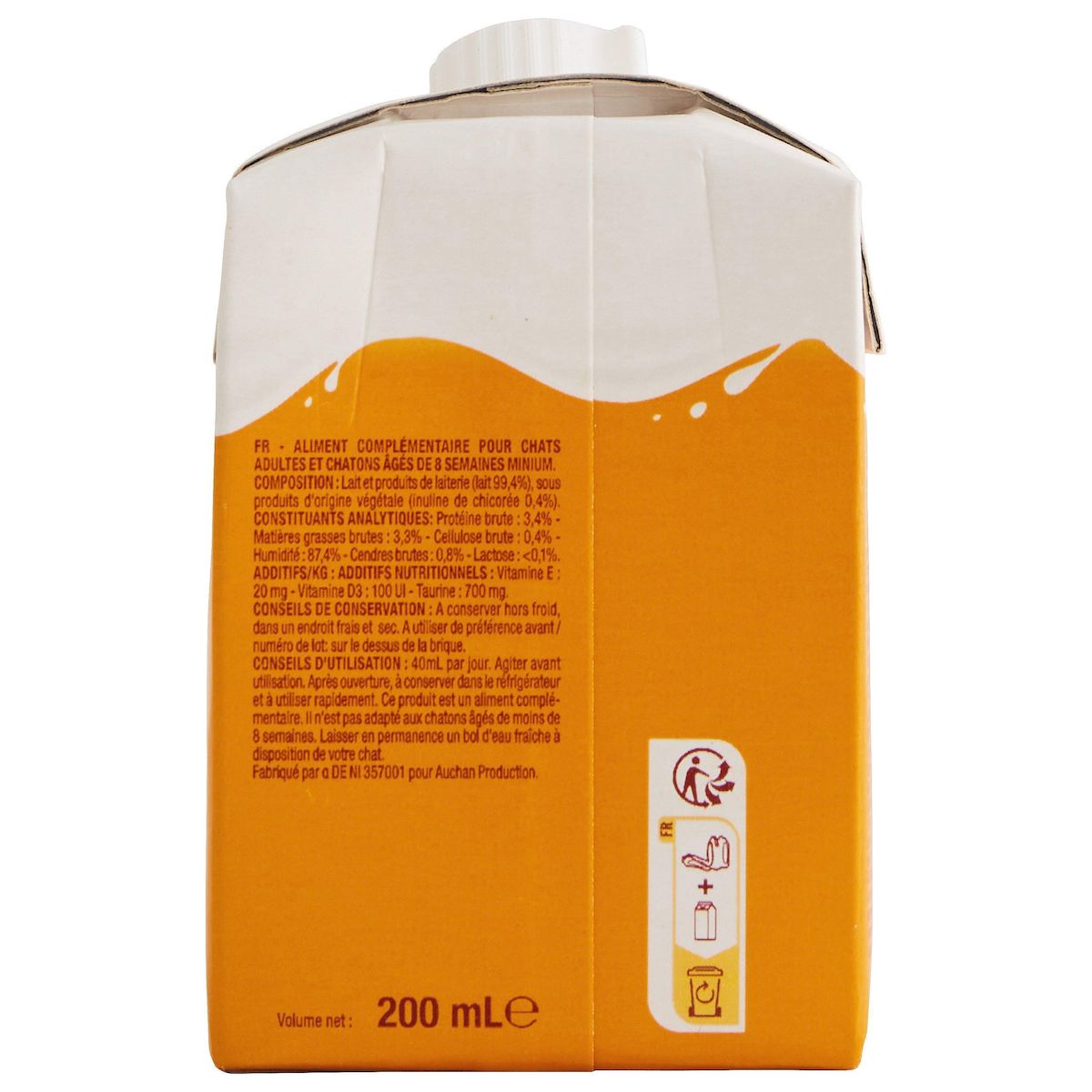 AUCHAN Boisson lactée pour chat junior & adulte 200ml