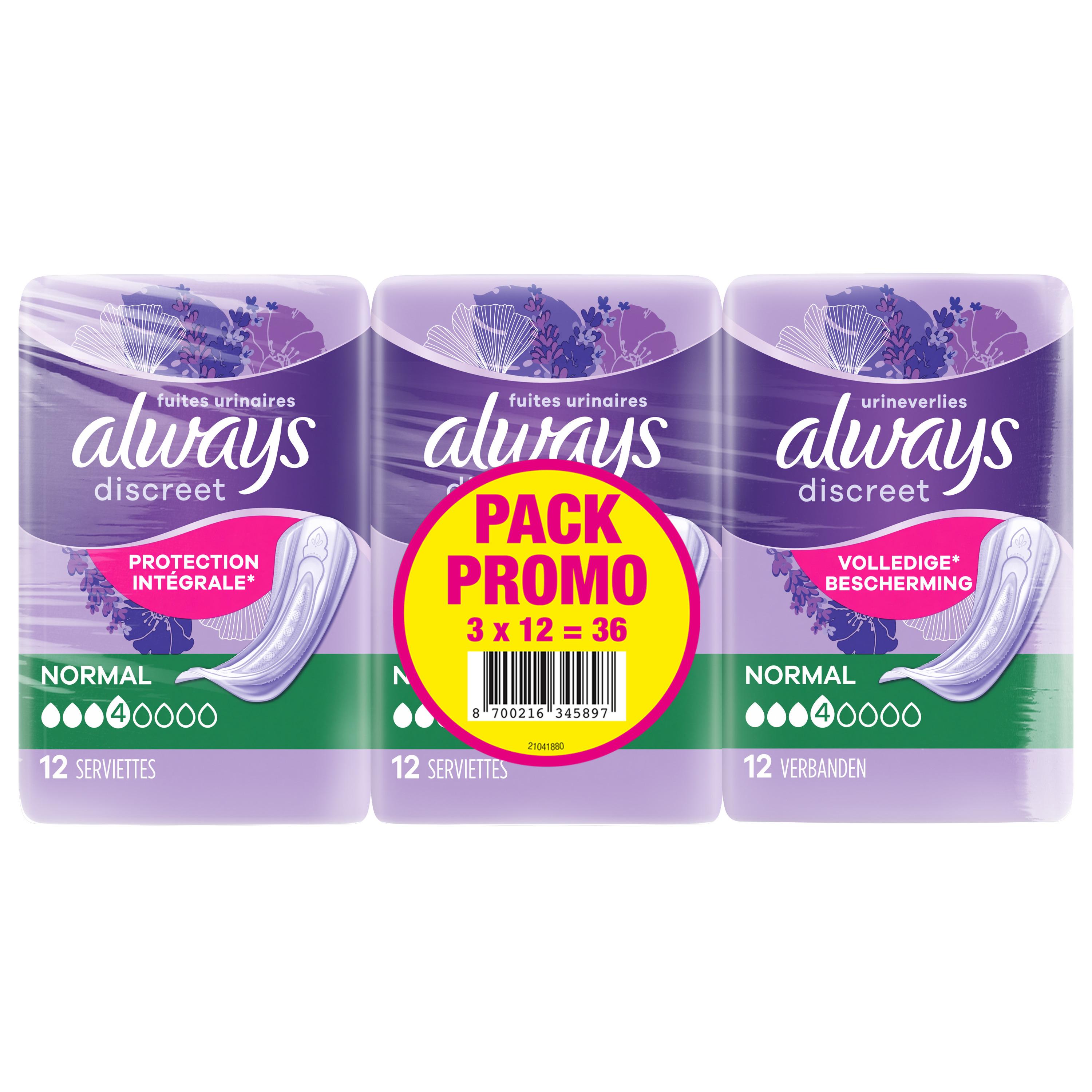 Voir la diapositive 2 : ALWAYS Discreet serviettes hygiéniques protection intégrale normal pour fuites urinaires 3x12 serviettes