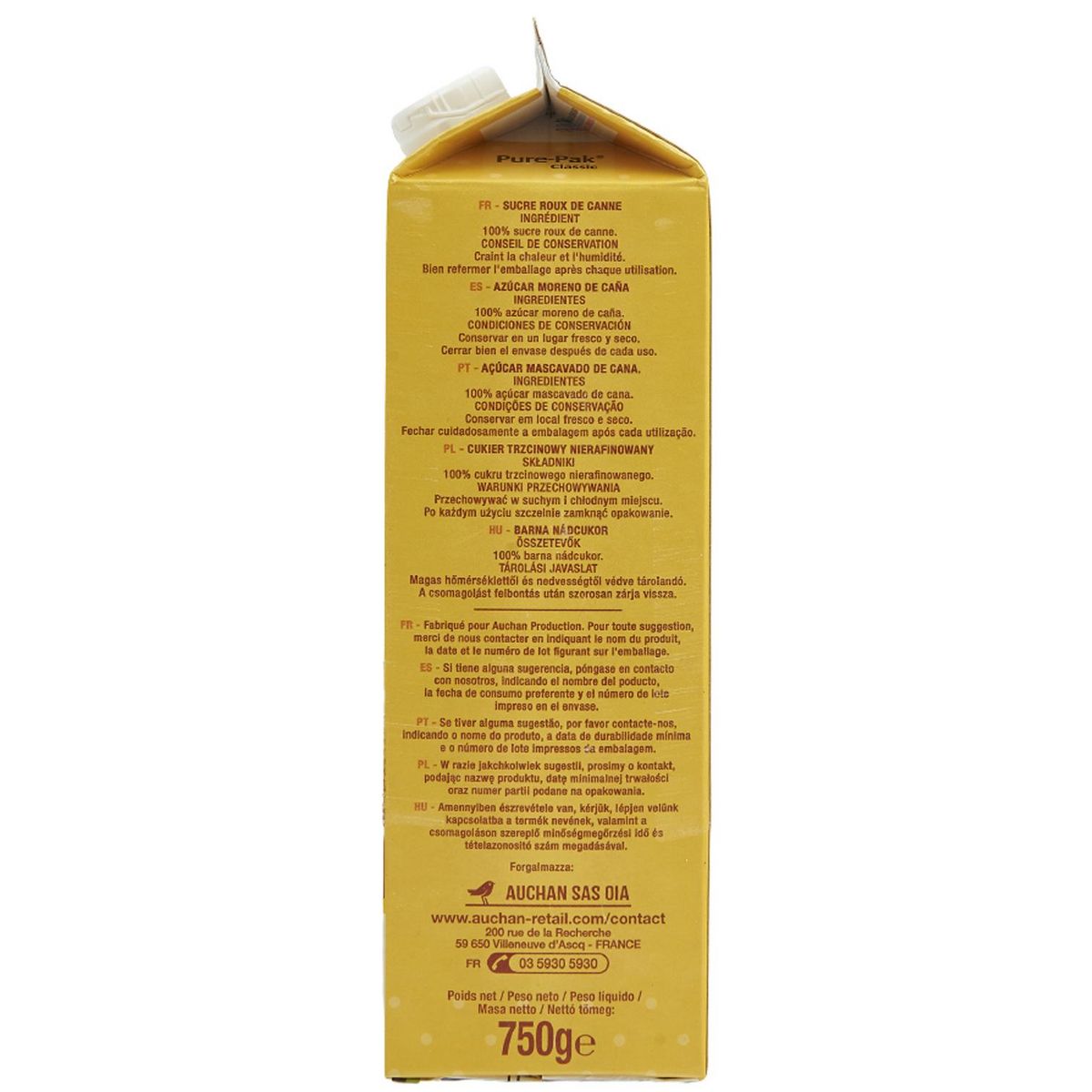 AUCHAN Sucre roux pure canne cassonade 750g