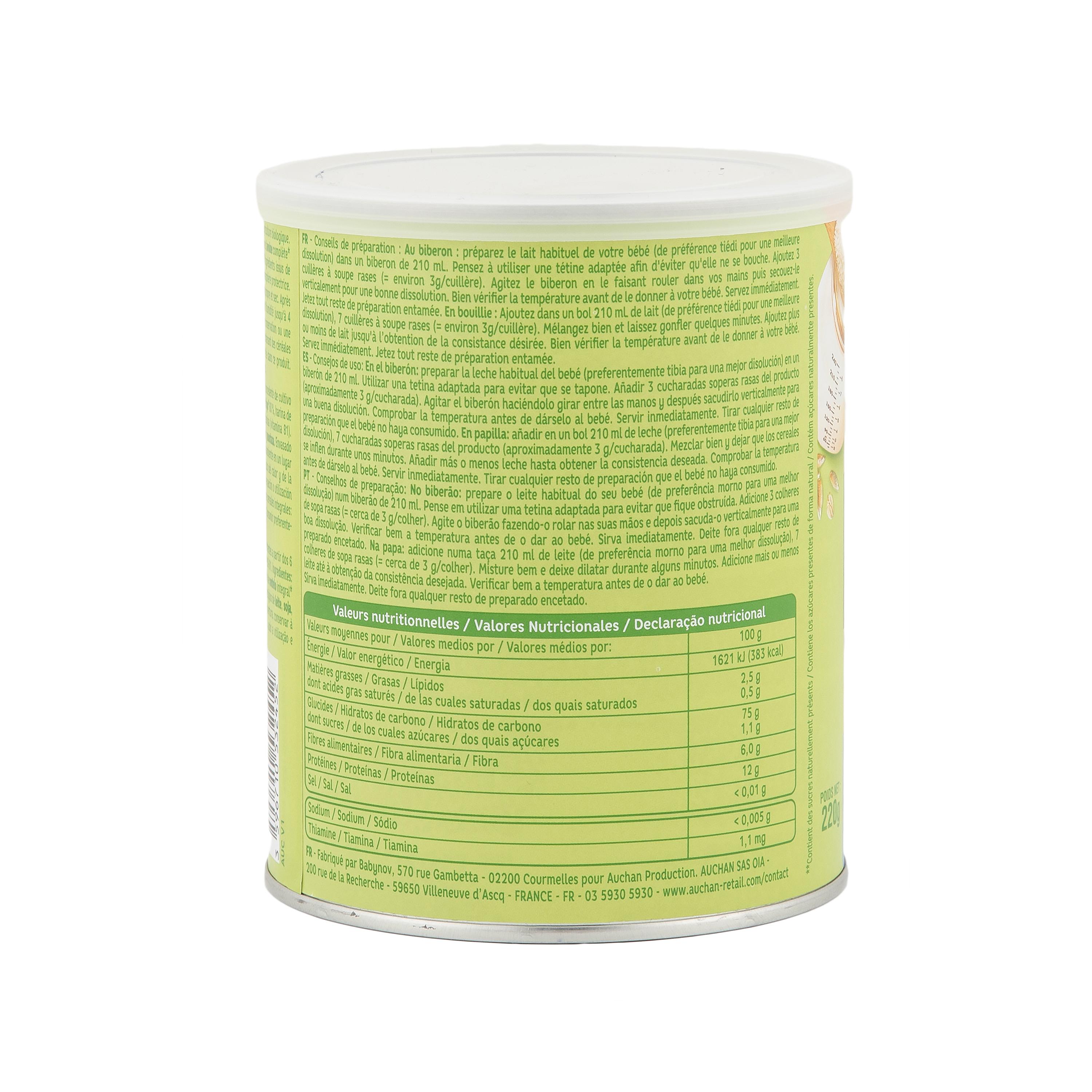 Voir la diapositive 2 : AUCHAN BABY BIO 3 céréales en poudre blé avoine seigle nature dès 6 mois 220g