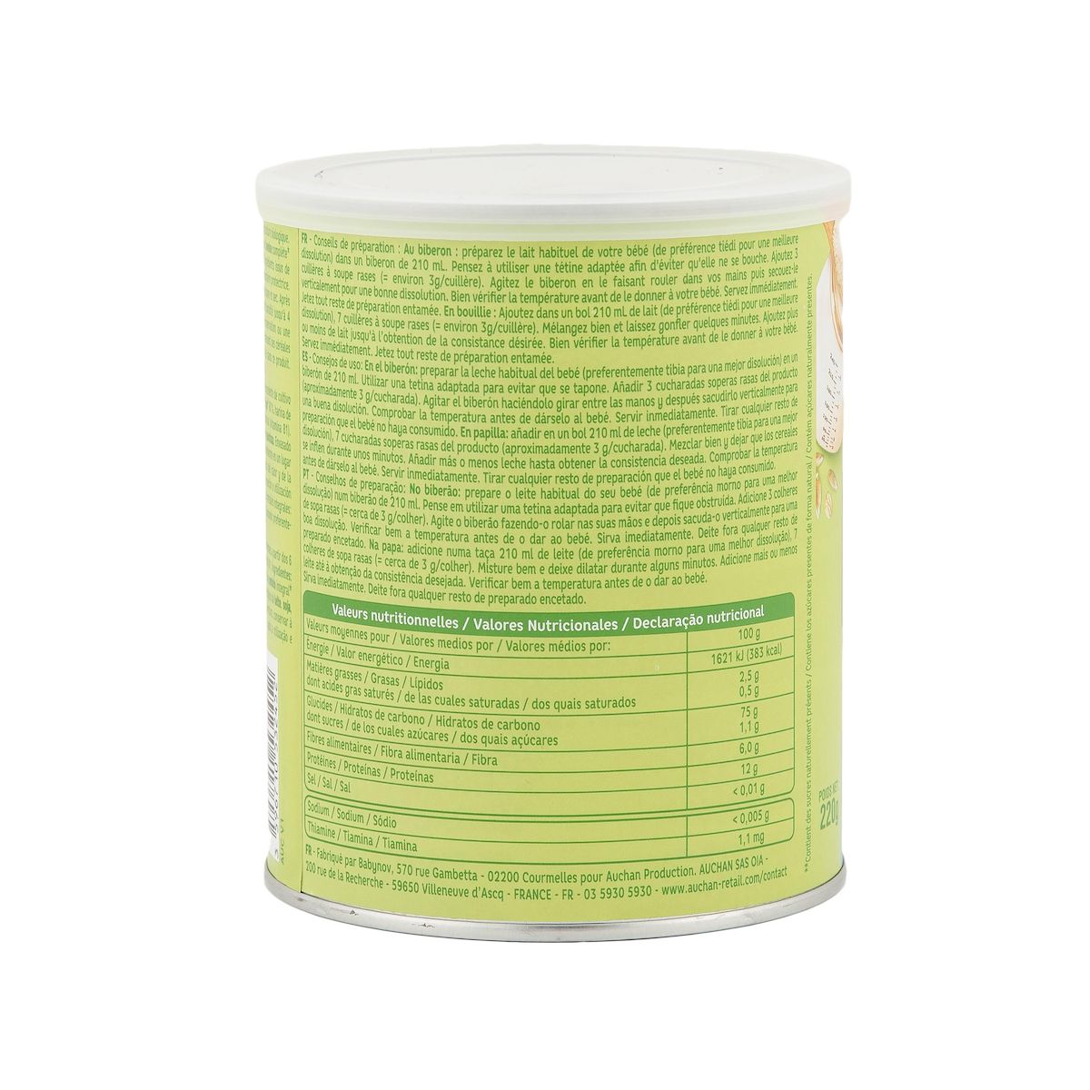 AUCHAN BABY BIO 3 céréales en poudre blé avoine seigle nature dès 6 mois 220g