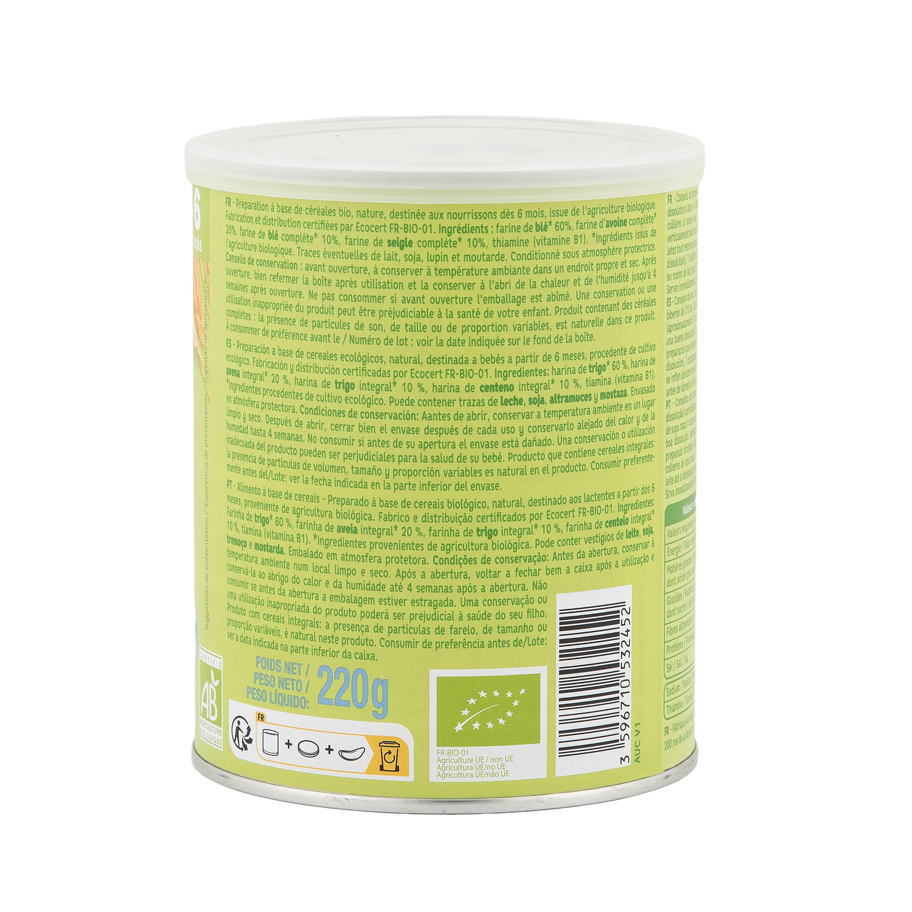 Voir la diapositive 3 : AUCHAN BABY BIO 3 céréales en poudre blé avoine seigle nature dès 6 mois 220g