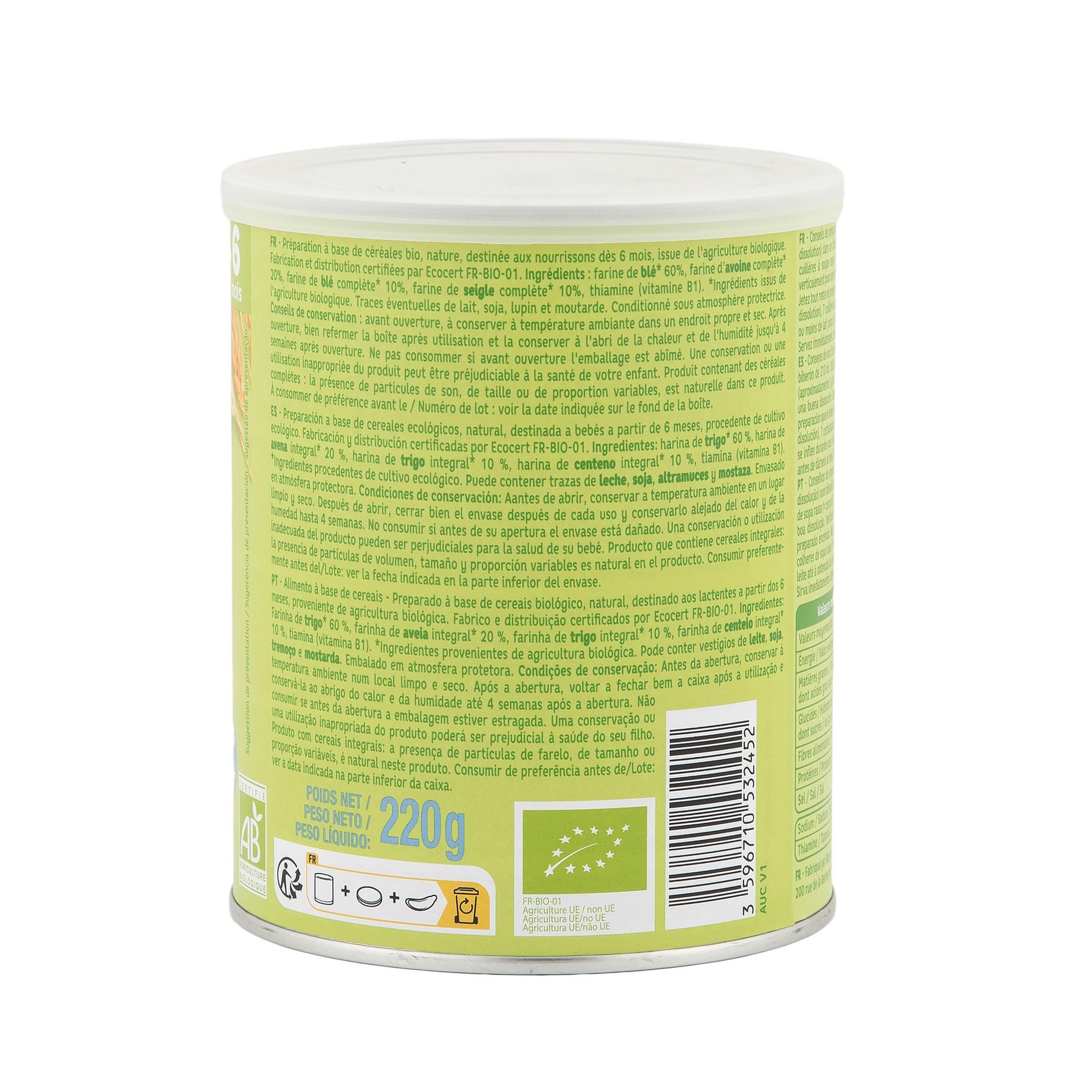 Voir la diapositive 3 : AUCHAN BABY BIO 3 céréales en poudre blé avoine seigle nature dès 6 mois 220g