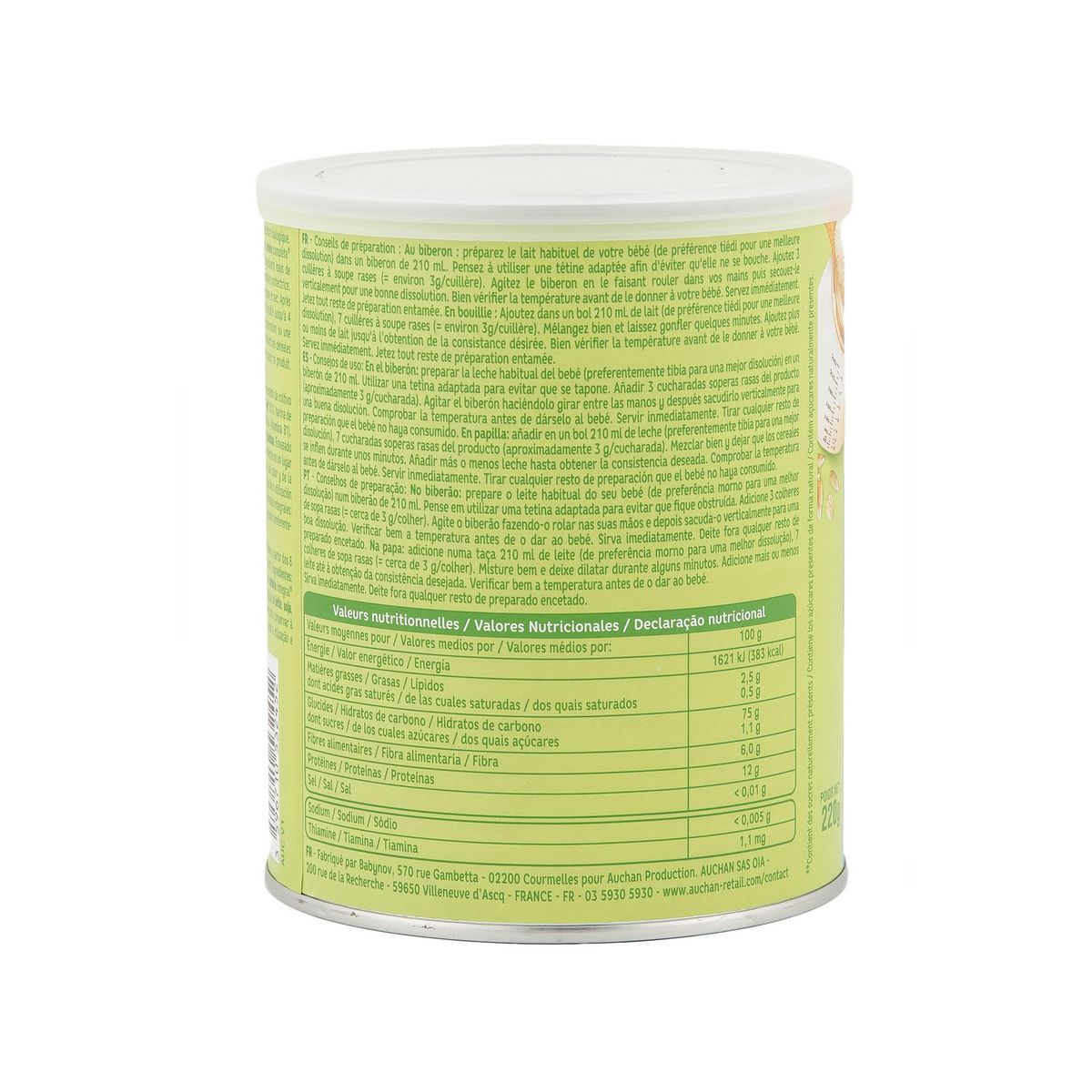 AUCHAN BABY BIO 3 céréales en poudre blé avoine seigle nature dès 6 mois 220g