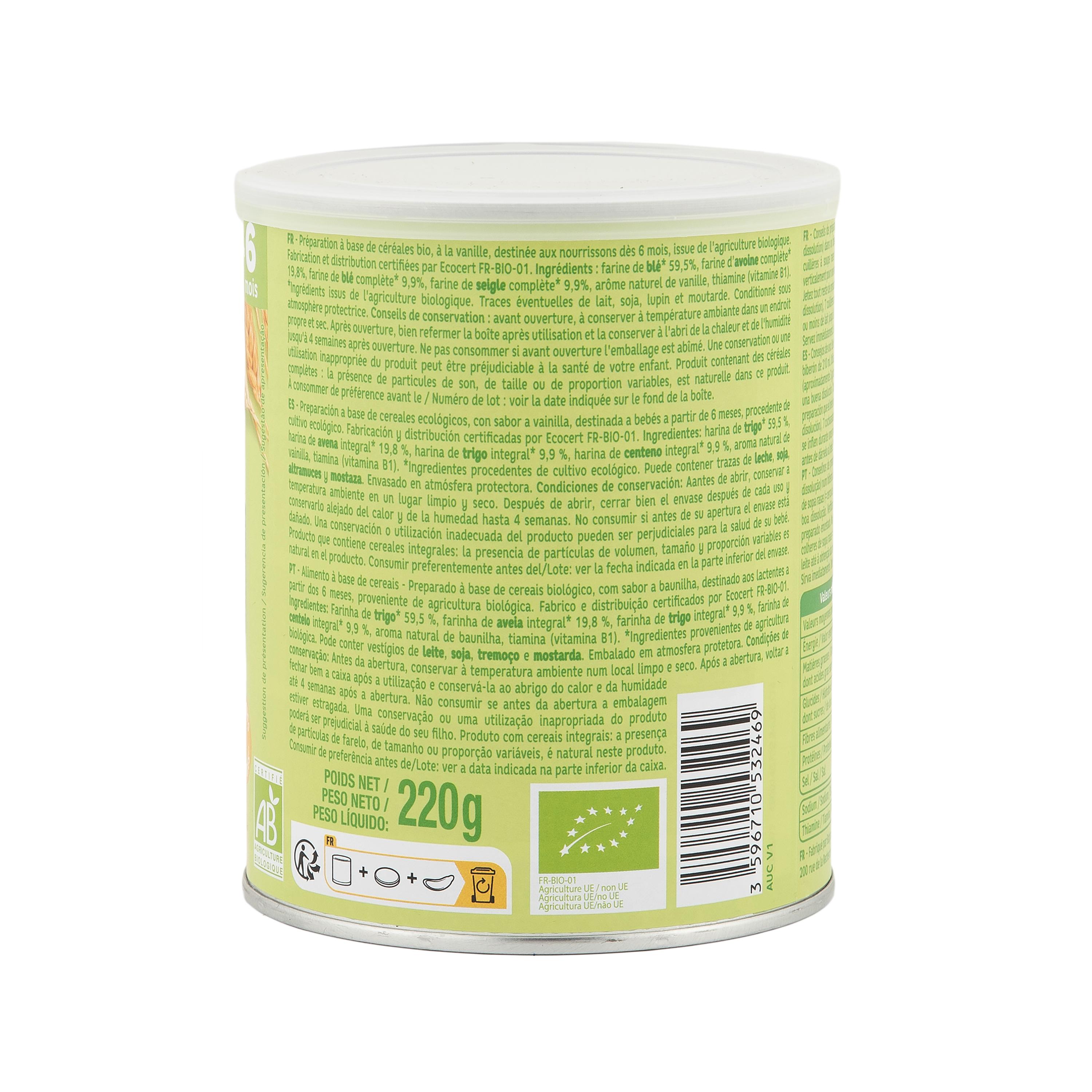 Voir la diapositive 2 : AUCHAN BABY BIO 3 céréales en poudre blé avoine seigle à la vanille dès 6 mois 220g