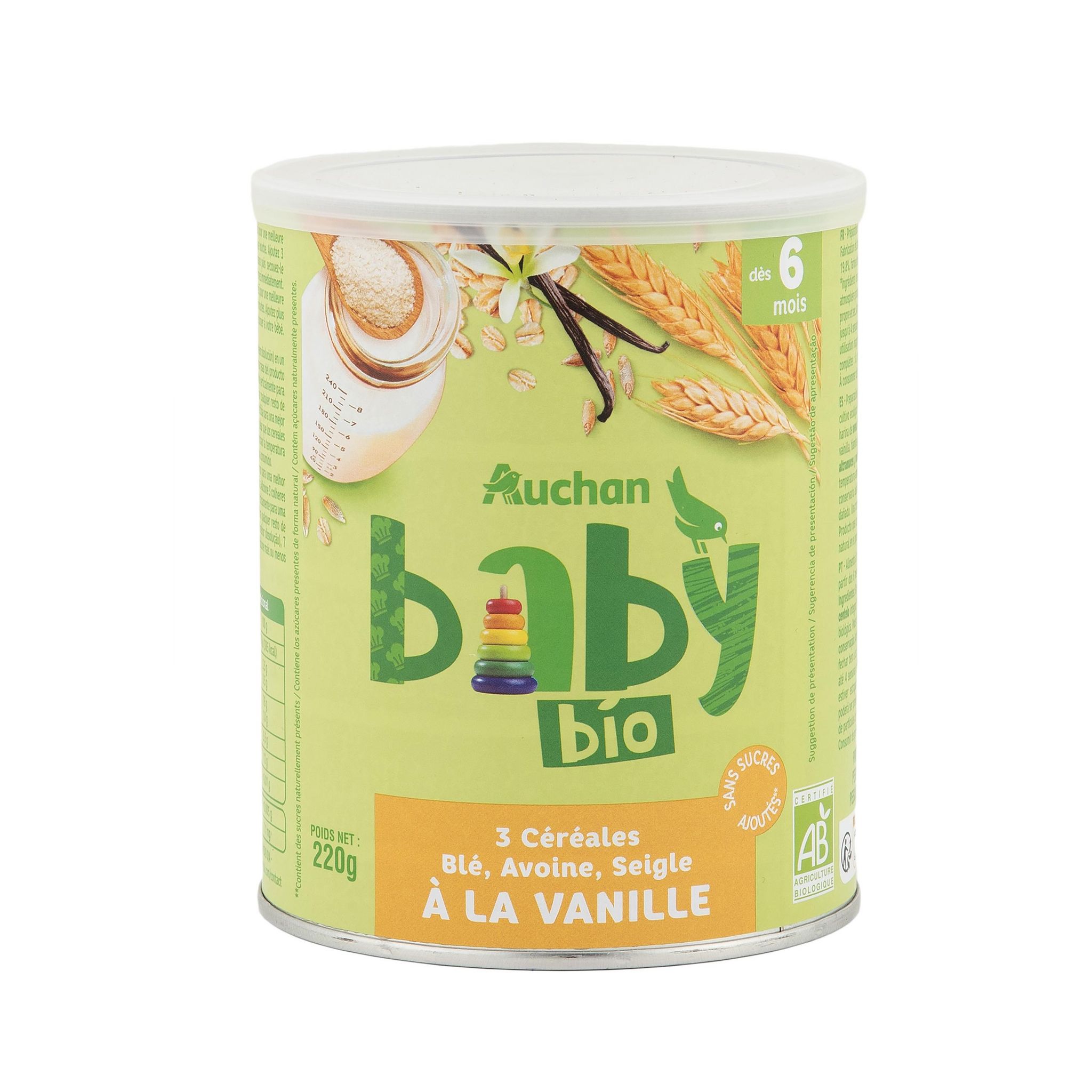 Voir la diapositive 3 : AUCHAN BABY BIO 3 céréales en poudre blé avoine seigle à la vanille dès 6 mois 220g