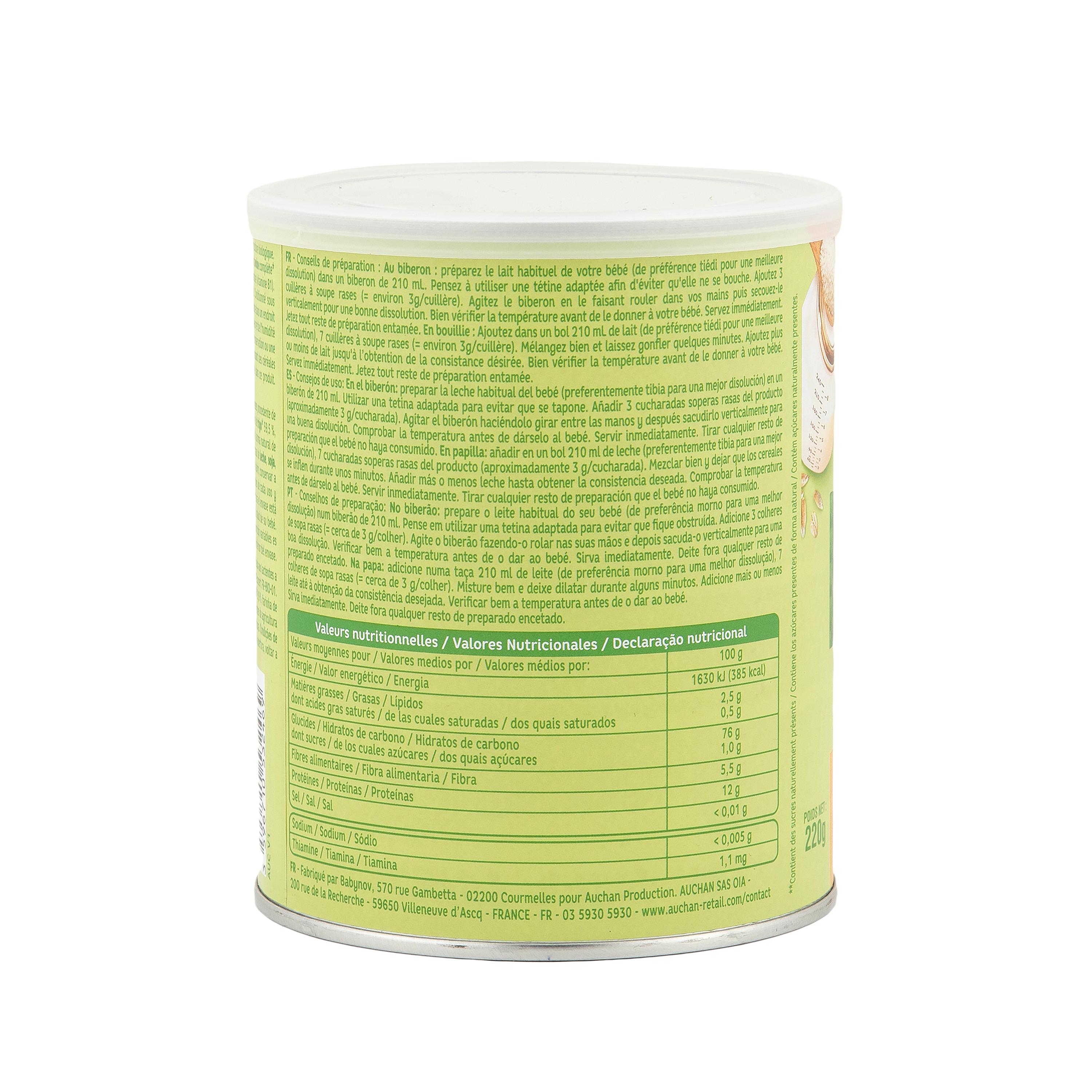Voir la diapositive 4 : AUCHAN BABY BIO 3 céréales en poudre blé avoine seigle à la vanille dès 6 mois 220g