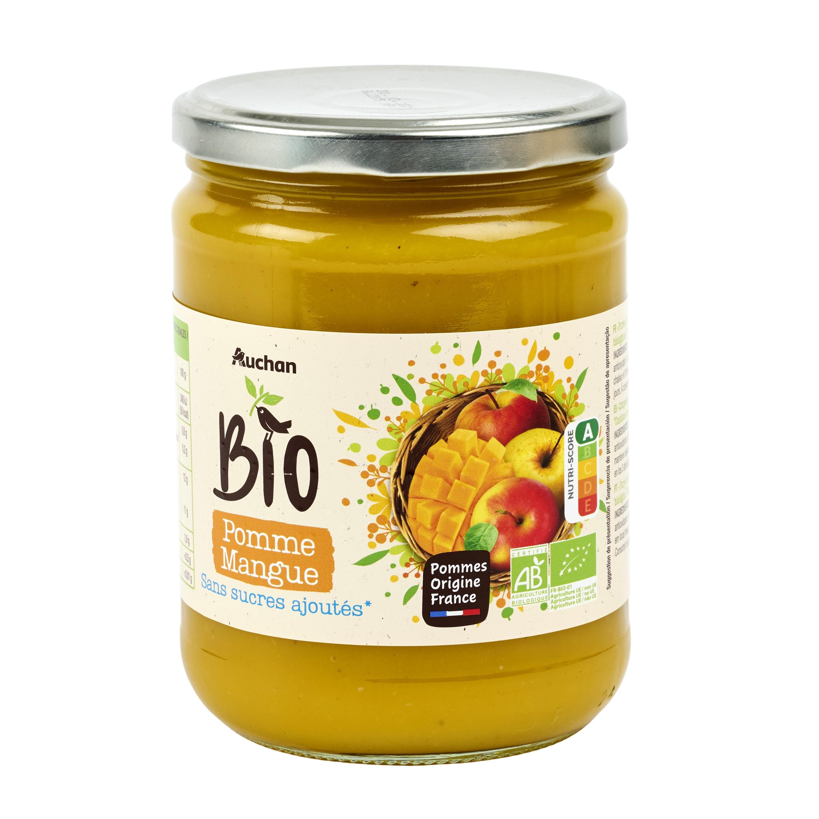Voir la diapositive 2 : AUCHAN BIO Purée de pomme mangue sans sucres ajoutés 580g