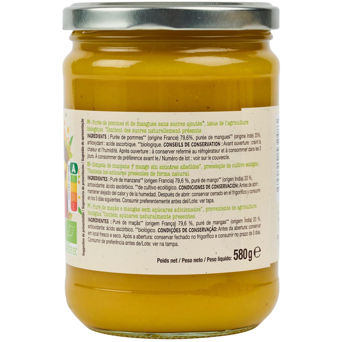 AUCHAN BIO Purée de pomme mangue sans sucres ajoutés 580g