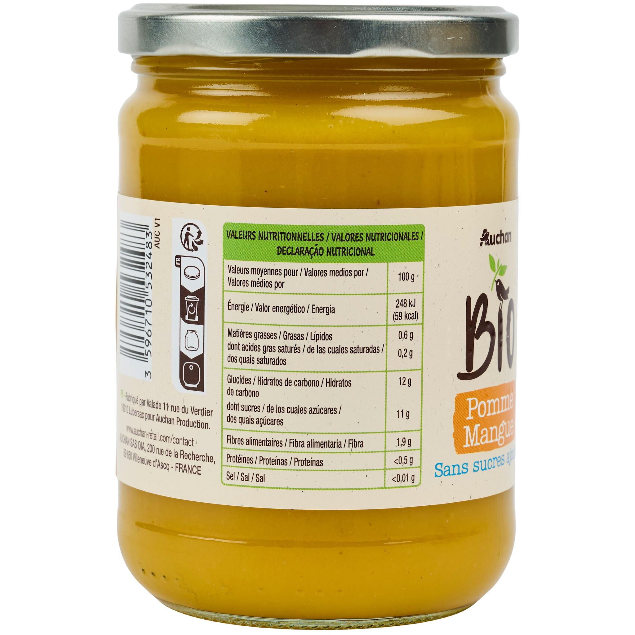 Voir la diapositive 2 : AUCHAN BIO Purée de pomme mangue sans sucres ajoutés 580g