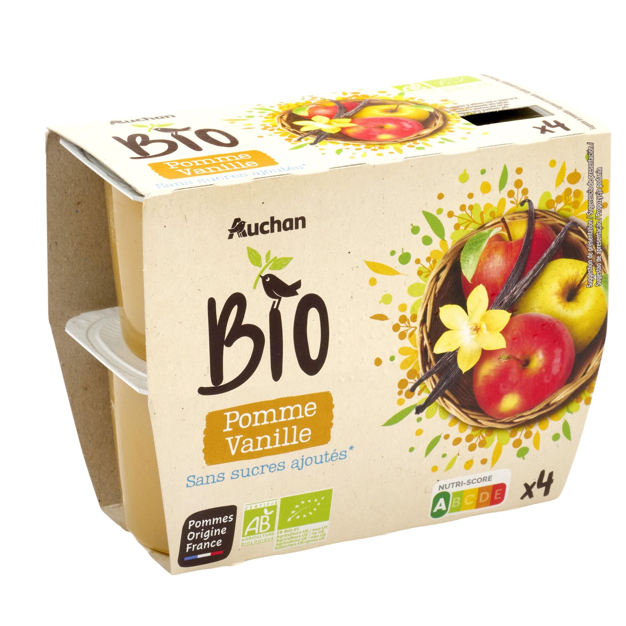 Voir la diapositive 2 : AUCHAN BIO Coupelles purée de pomme vanille sans sucres ajoutés 4 coupelles 4x100g