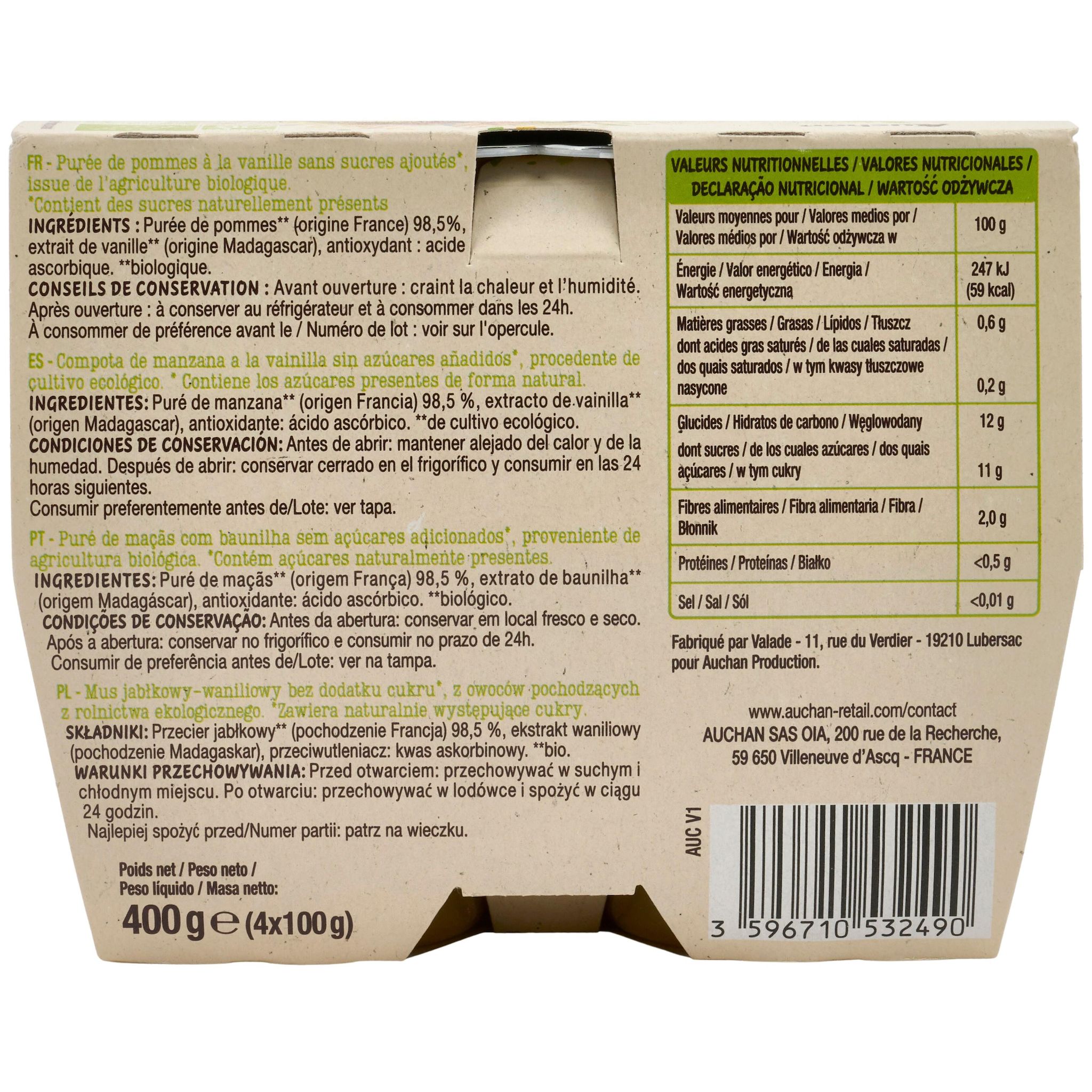 Voir la diapositive 3 : AUCHAN BIO Coupelles purée de pomme vanille sans sucres ajoutés 4 coupelles 4x100g