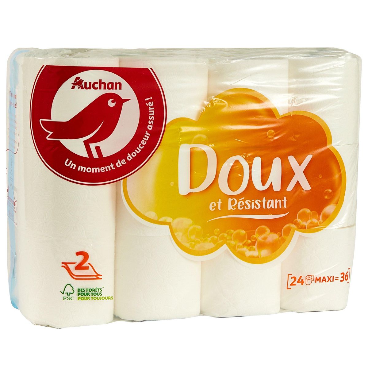 AUCHAN Papier toilette blanc doux et résistant 2 épaisseurs = 36 standards 24 rouleaux