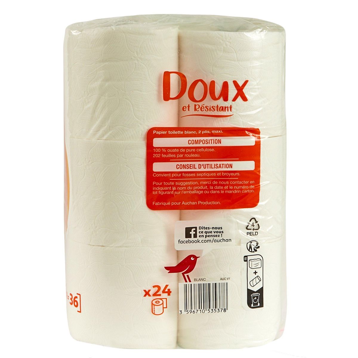AUCHAN Papier toilette blanc doux et résistant 2 épaisseurs = 36 standards 24 rouleaux